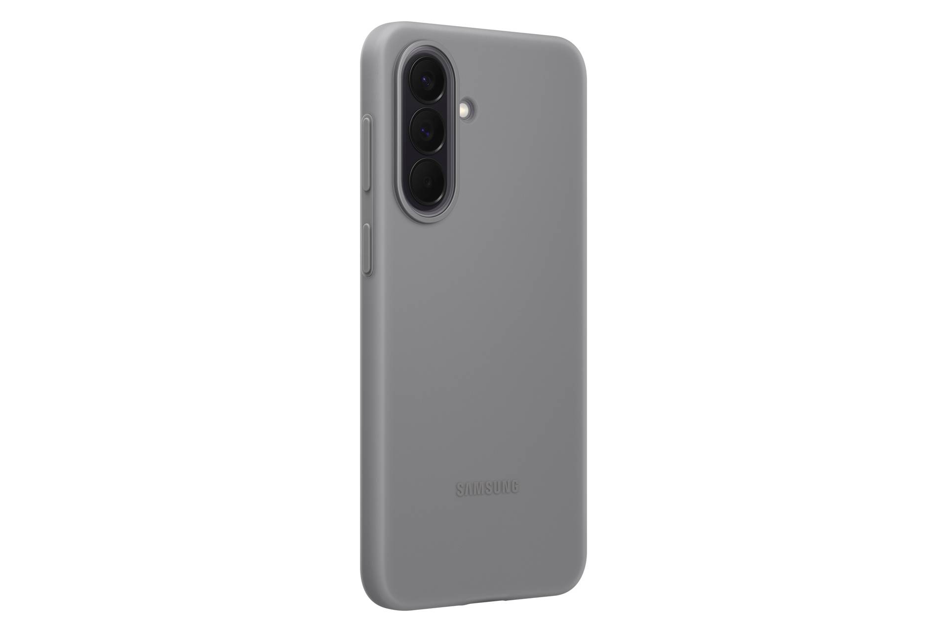 Graues Samsung-Smartphone von hinten gezeigt, mit dreifacher Rückfahrtkamera und Blitz auf einfachem weißem Hintergrund.