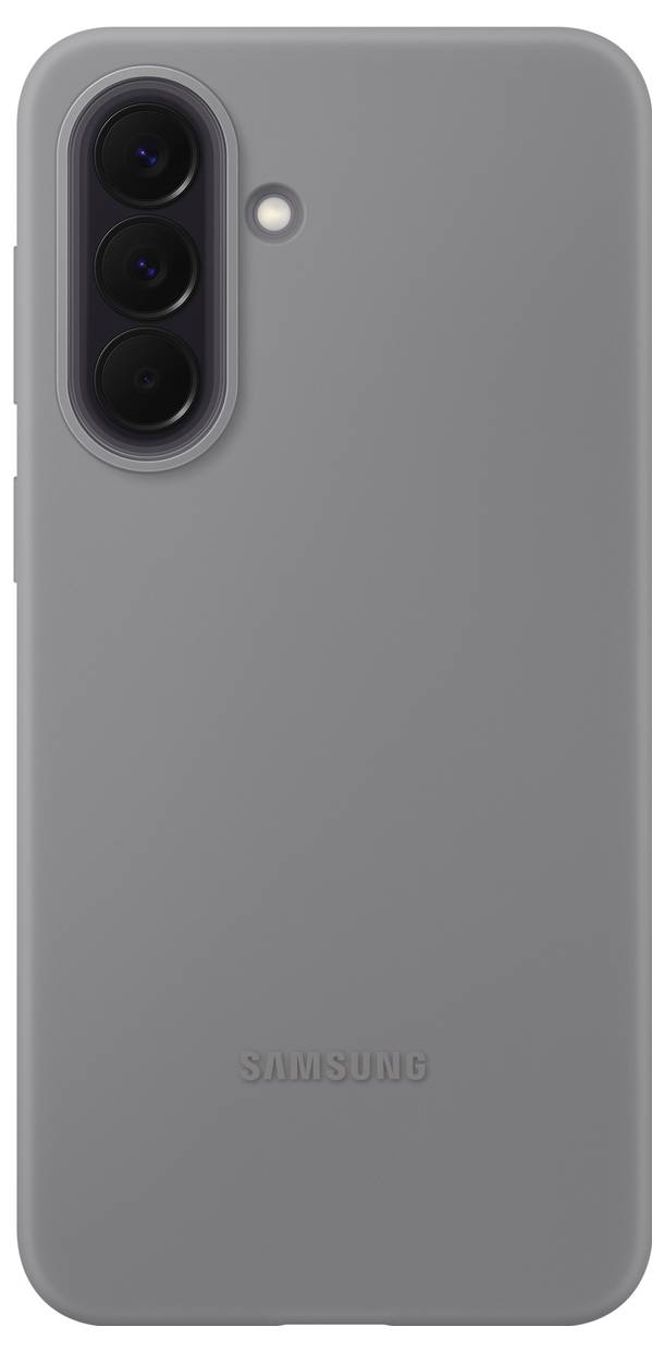 Rückansicht eines grauen Samsung-Smartphones mit einem vertikalen Triple-Kamera-Modul und Blitz oben links.