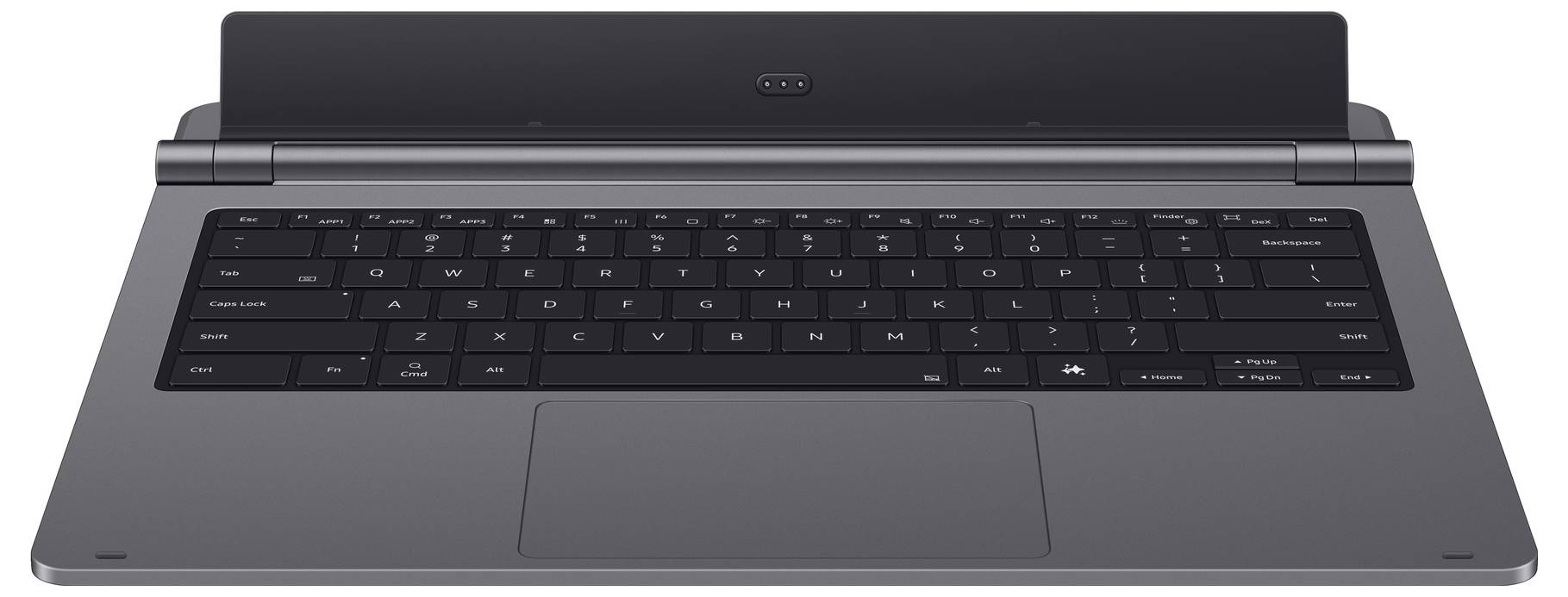 Grauer Laptop geschlossen gezeigt, Vorderansicht mit sichtbarer Tastatur und großem Touchpad.