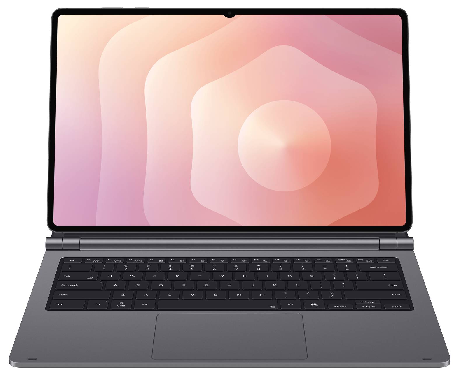 Offener Laptop mit schwarzer Tastatur und rosa abstraktem Hintergrundbild auf dem Bildschirm, gezeigt von vorne.