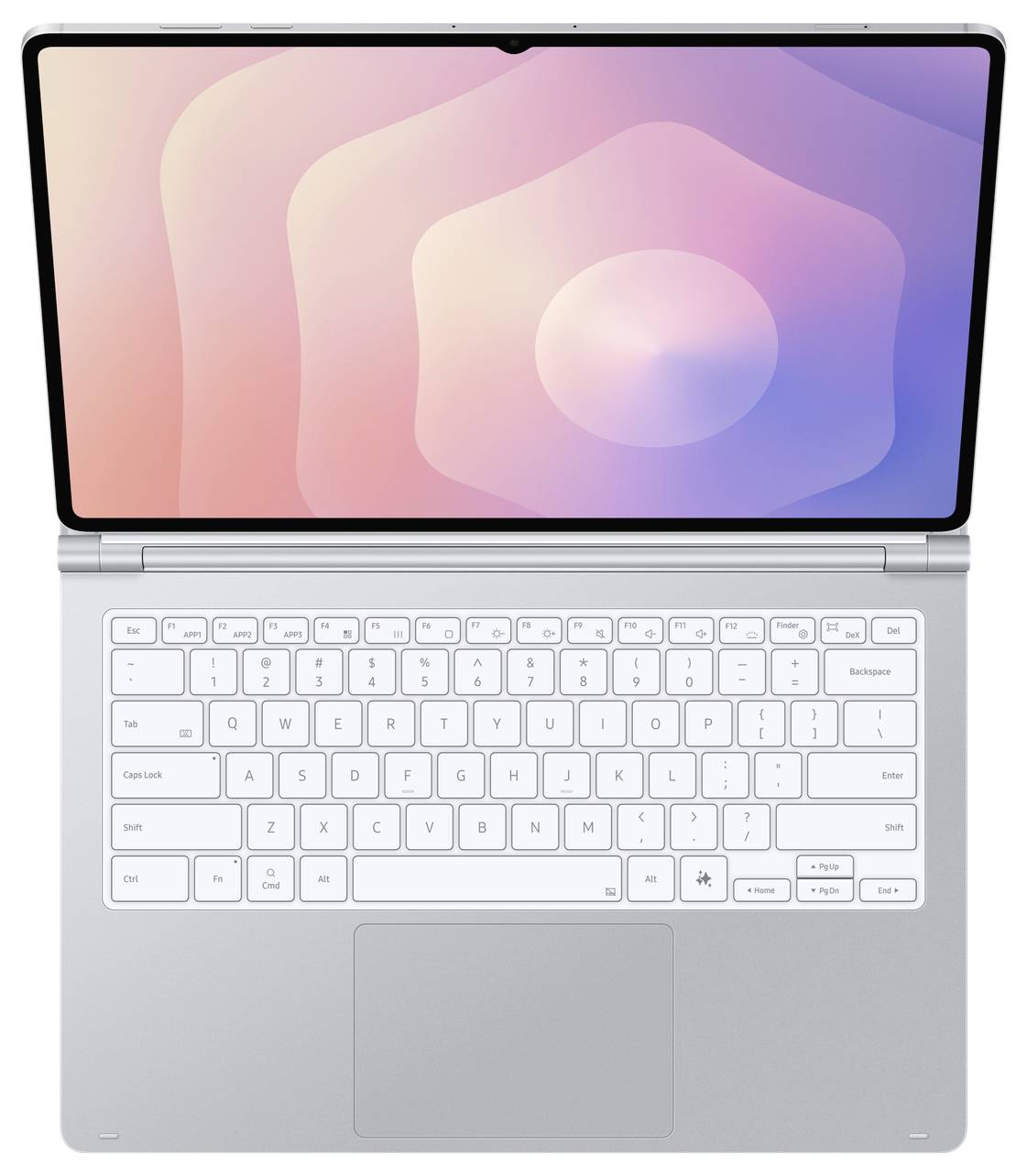 Draufsicht eines silbernen Laptops mit teilweise geöffnetem Deckel, das eine weiße Tastatur und ein großes zentriertes Trackpad zeigt.