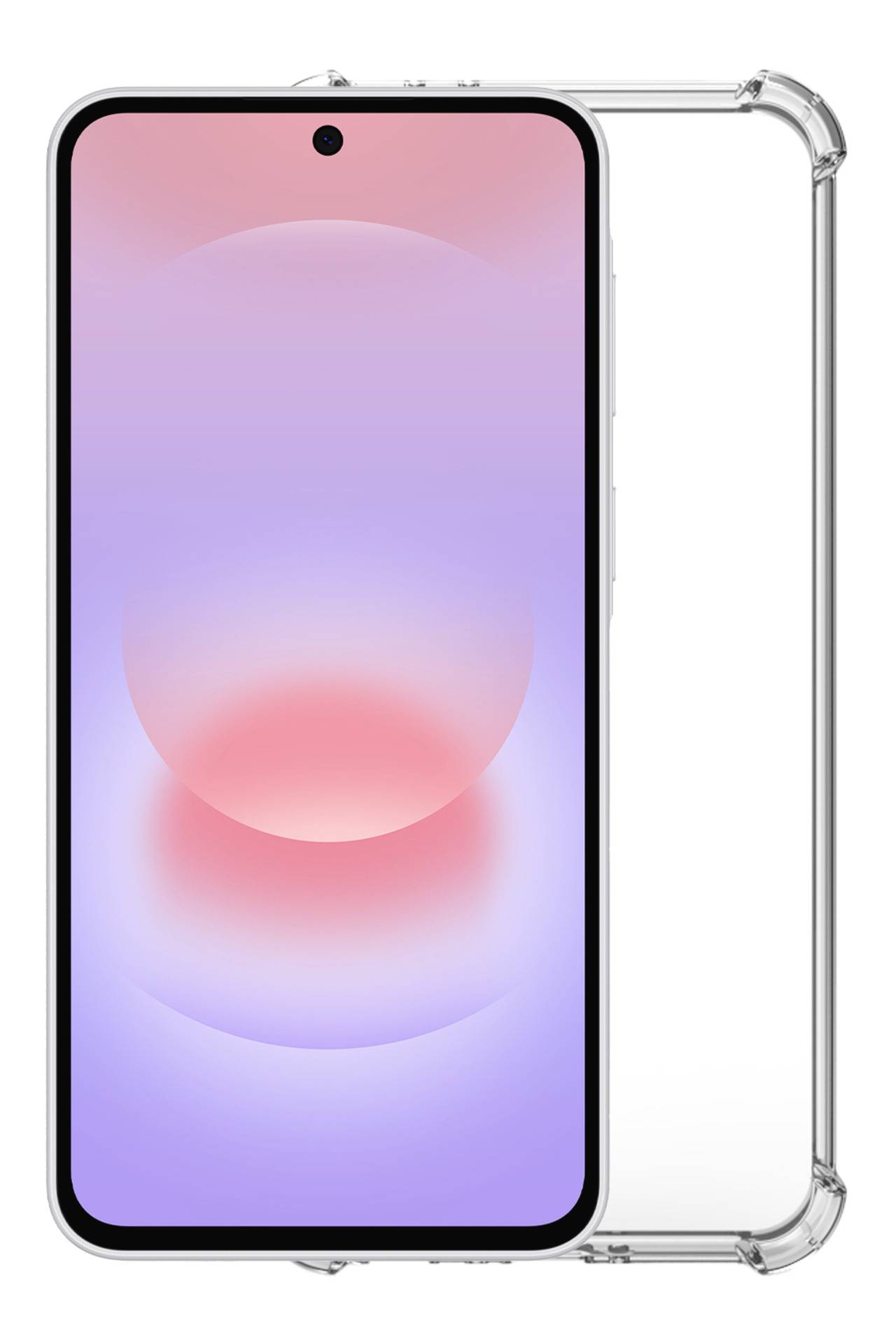 Vorderansicht eines Smartphones mit einem pastellrosa und lila Bildschirm, gezeigt in einer durchsichtigen Schutzhülle, mit der Rückseite der Hülle dahinter sichtbar.