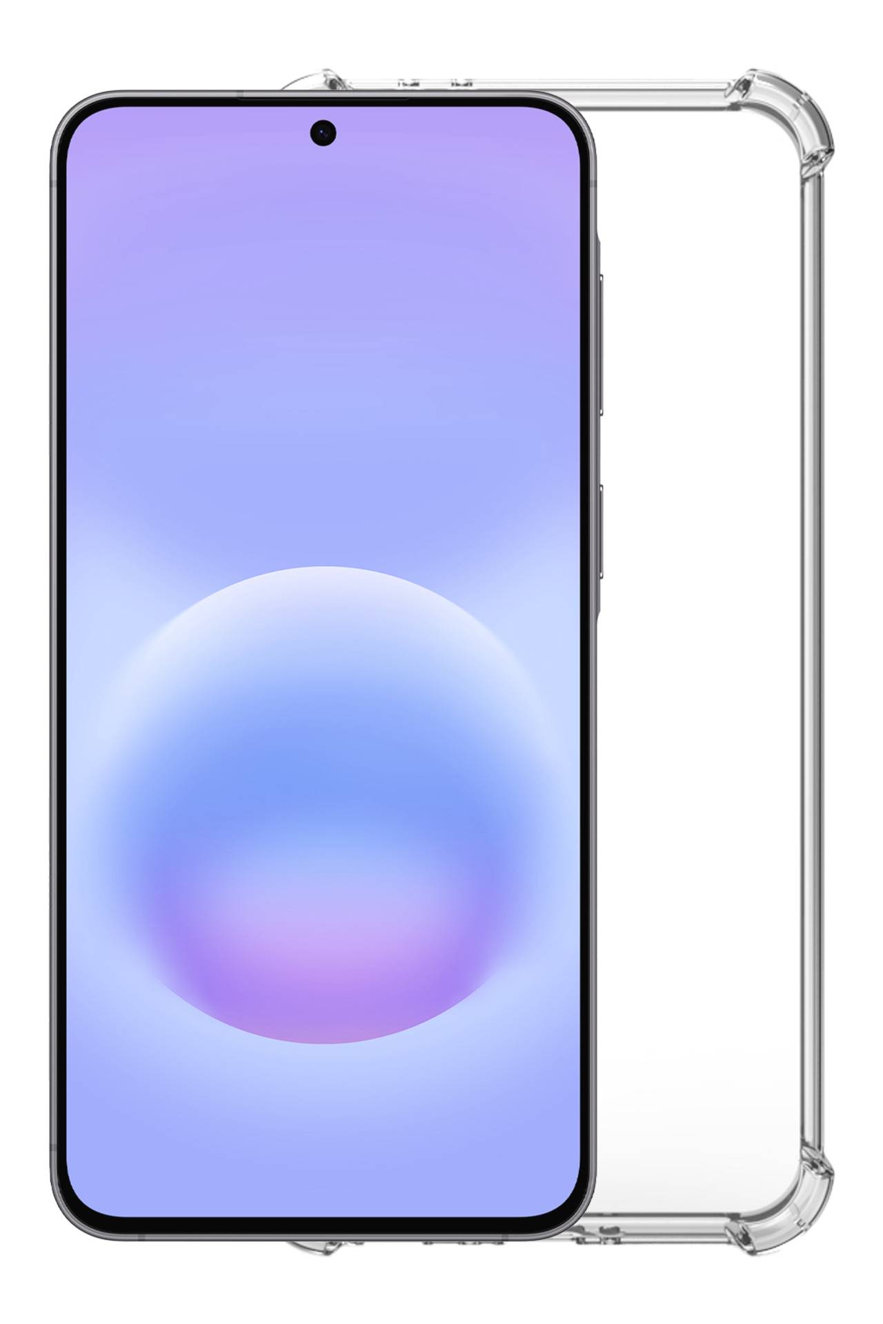 Ein Smartphone, das von vorne und von hinten in einer durchsichtigen Schutzhülle gezeigt wird, mit einem blau-violetten Farbverlauf auf dem Display und einer zentralen Lochkamera.