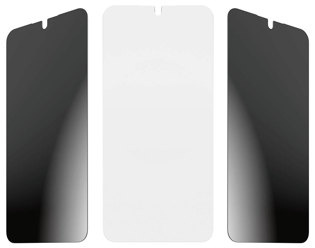 Drei Smartphone-Displayschutzfolien nebeneinander angezeigt, mit einer klaren mittleren Schutzfolie und zwei dunklen Randschutzfolien.