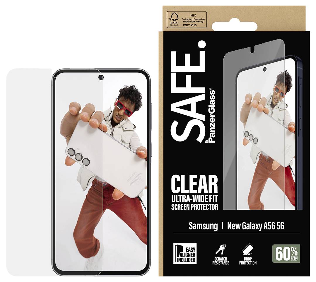 Produktbild eines Samsung Galaxy A56 5G Displayschutzes, das ein Telefon mit installiertem klarem Schutzglas und Verpackung mit den Aufschriften „SAFE. PanzerGlass