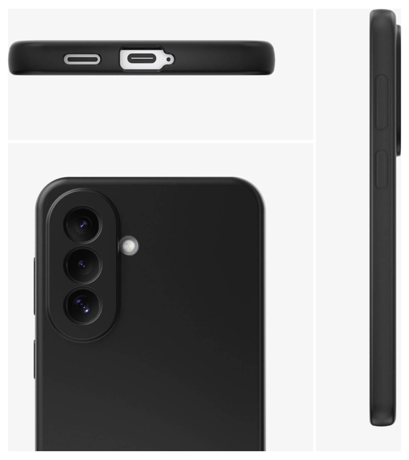 Schwarzes Smartphone aus Rück-, Ober- und Seitenansicht dargestellt, wobei die dreifache Rückkamera und das schlanke Profil hervorgehoben werden.