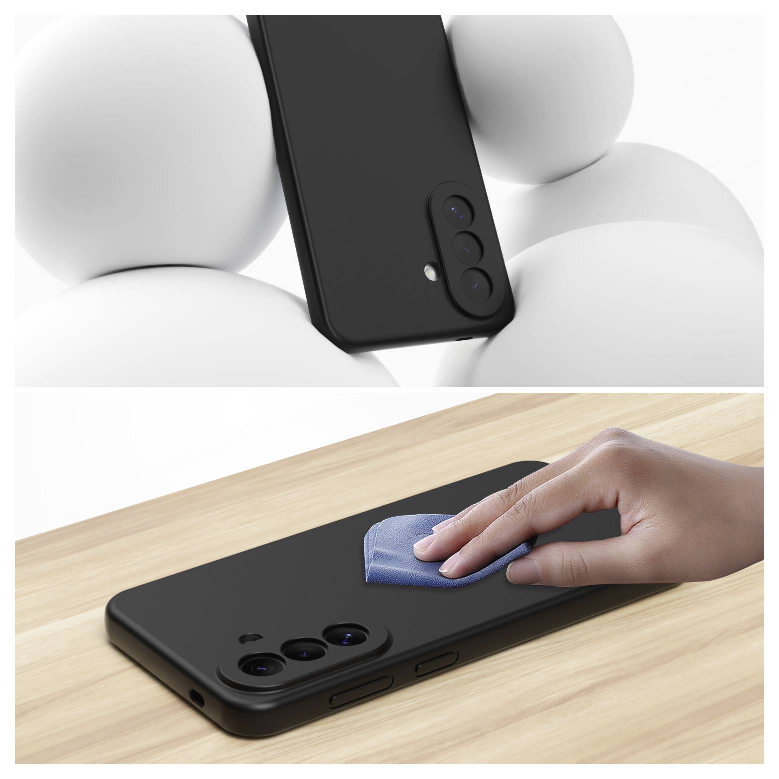 Schwarzes Smartphone mit dreifacher Rückfahrtkamera in einer weichen weißen Umgebung, das mit einem Tuch auf einem Holztisch abgewischt wird.