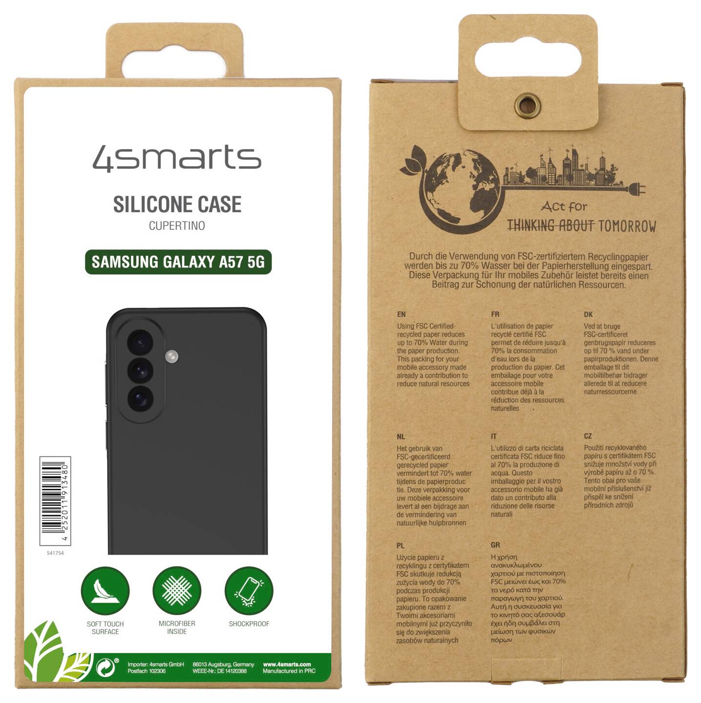 Verpackung für eine 4smarts Silikonhülle für Samsung Galaxy A57 5G, zeigt die Hülle auf der Vorderseite und Recycling-/Umweltinformationen auf der Rückseite.