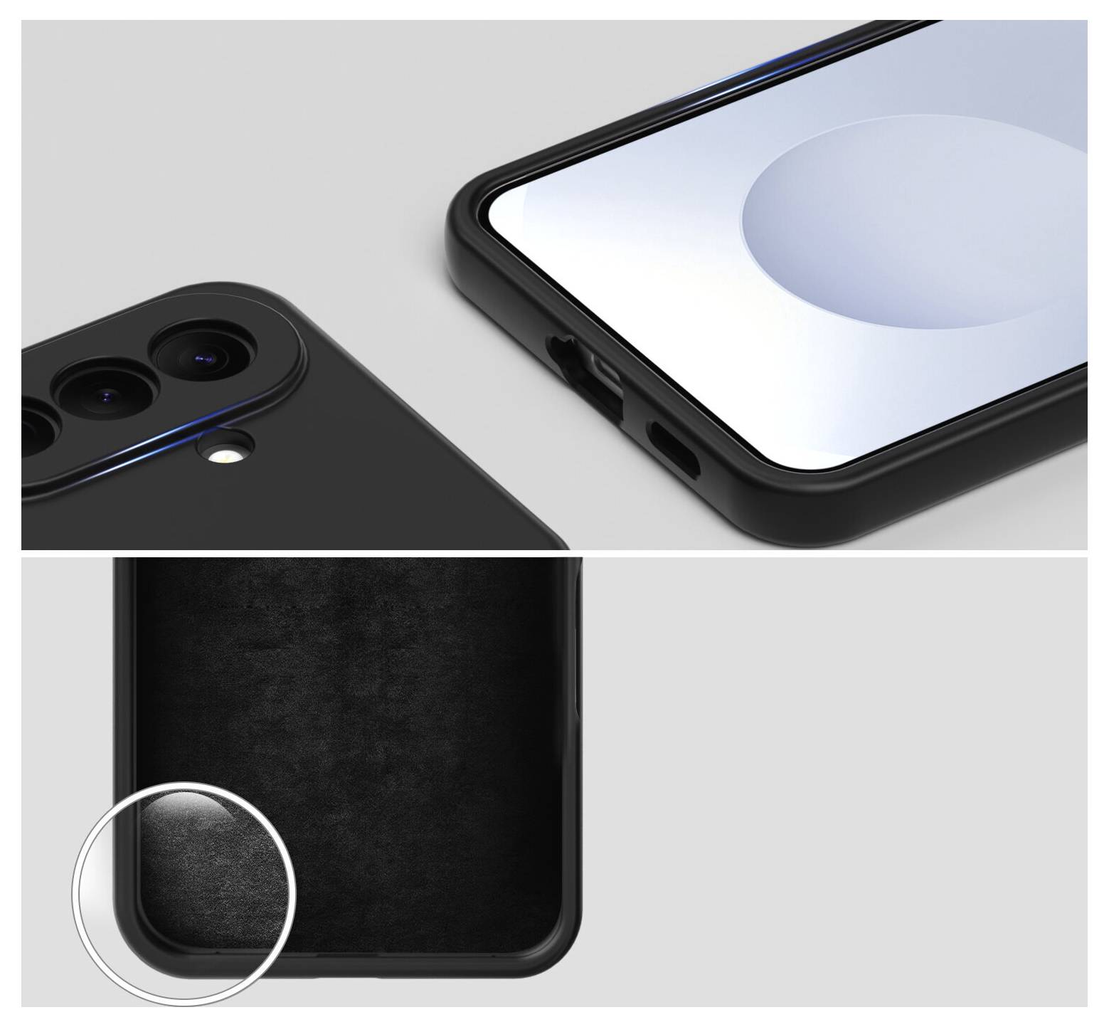 Nahaufnahme eines schwarzen Smartphones, das das rückseitige Dual-Kameramodul und eine Vorderschirmkante zeigt, mit einem Ausschnitt, das die strukturierte untere Ecke des Telefons hervorhebt.