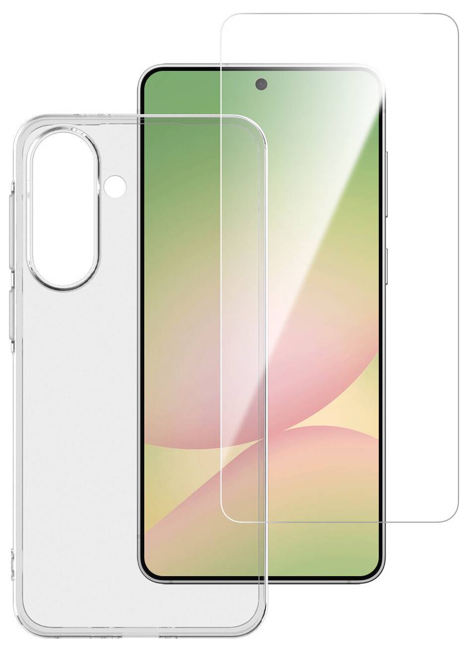 Transparente Handyhülle und Displayschutzfolie, die über die Vorder- und Rückseite eines Smartphones gelegt sind und zeigen die schützende Passform.