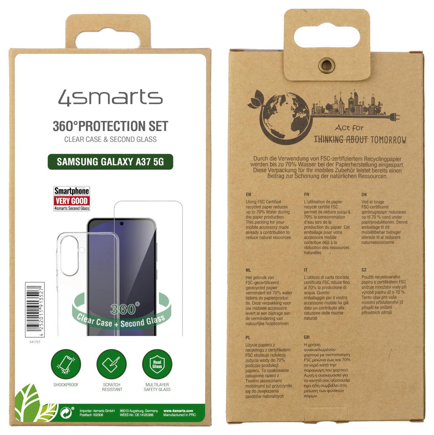 Verpackung für ein 4smarts 360°-Schutzset für Samsung Galaxy A37 5G, das ein transparentes Gehäuse und eine zweite Glasscheibe auf der Vorderseite sowie Recyclingtexte auf der Rückseite zeigt.