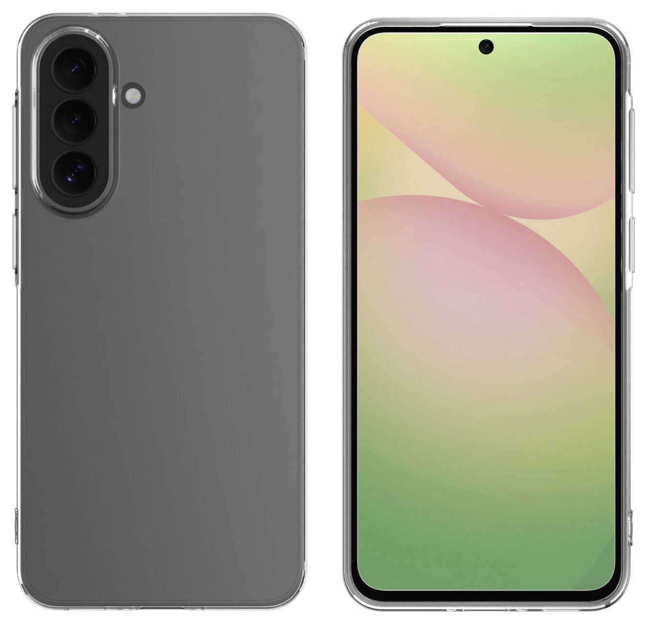 Graues Smartphone von vorne und hinten gezeigt, mit dreifacher Hintergrundkamera und zentriertem Loch-Display auf der Vorderseite.