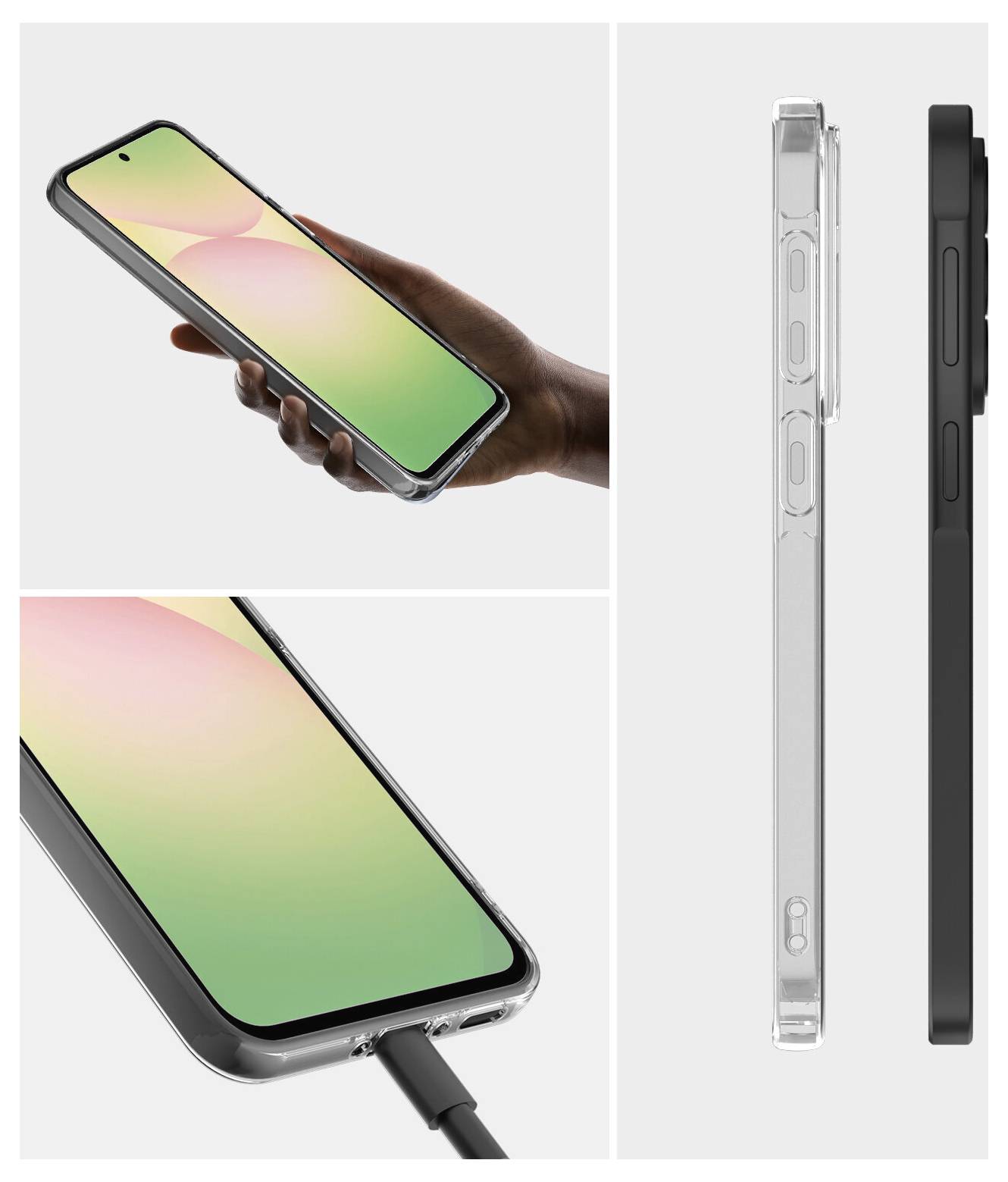 Collage mit einer transparenten Schutzschutzhülle auf einem Telefon, mit handgehaltener Ansicht, Zugang zum Ladeanschluss und Seitenprofil, das Tastenausschnitte und schlanke Passform zeigt.