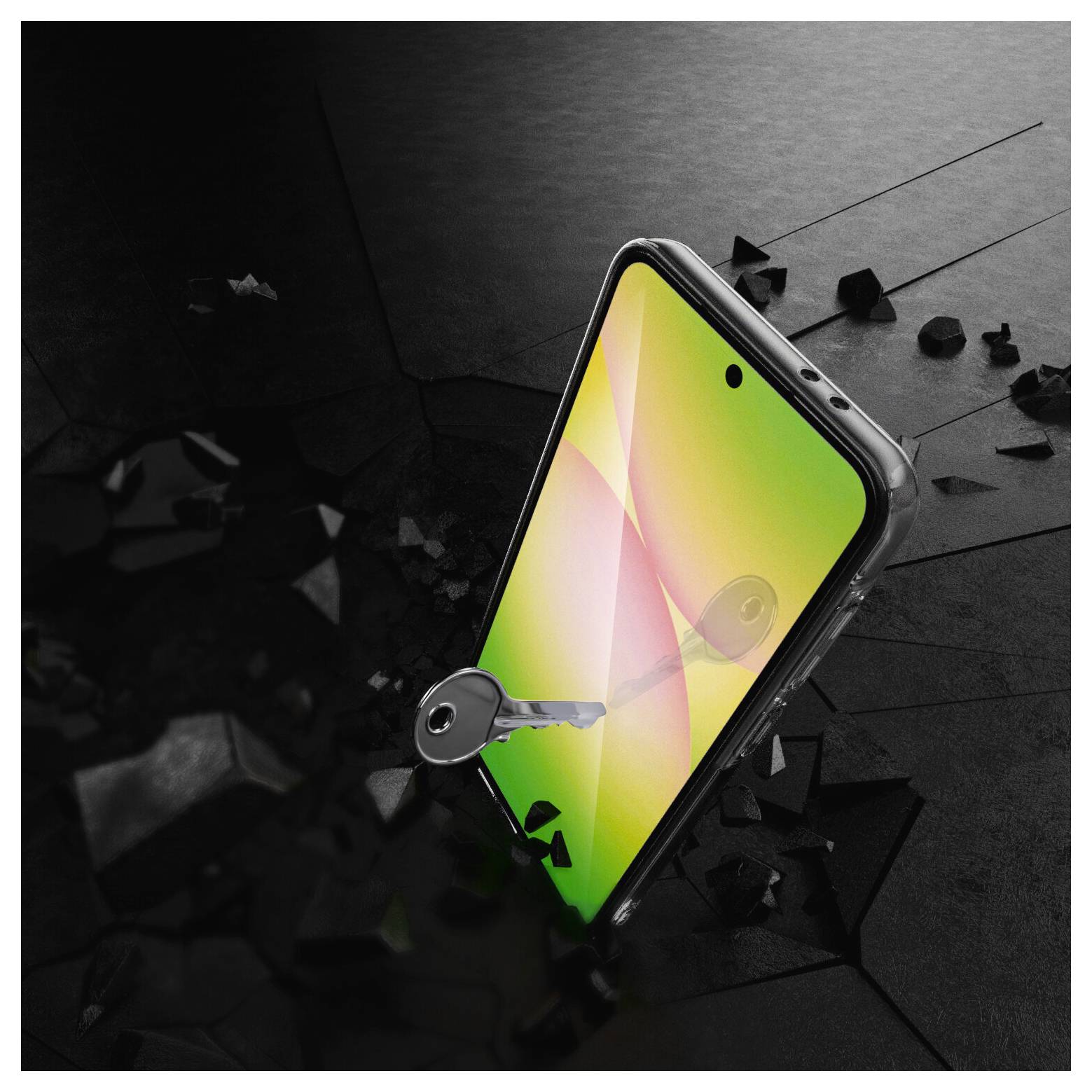Ein Smartphone-Bildschirm leuchtet in zerbrochenem schwarzem Schutt auf, während ein Schlüssel es entsperrt und Sicherheit oder Zugriffskontrolle suggeriert.