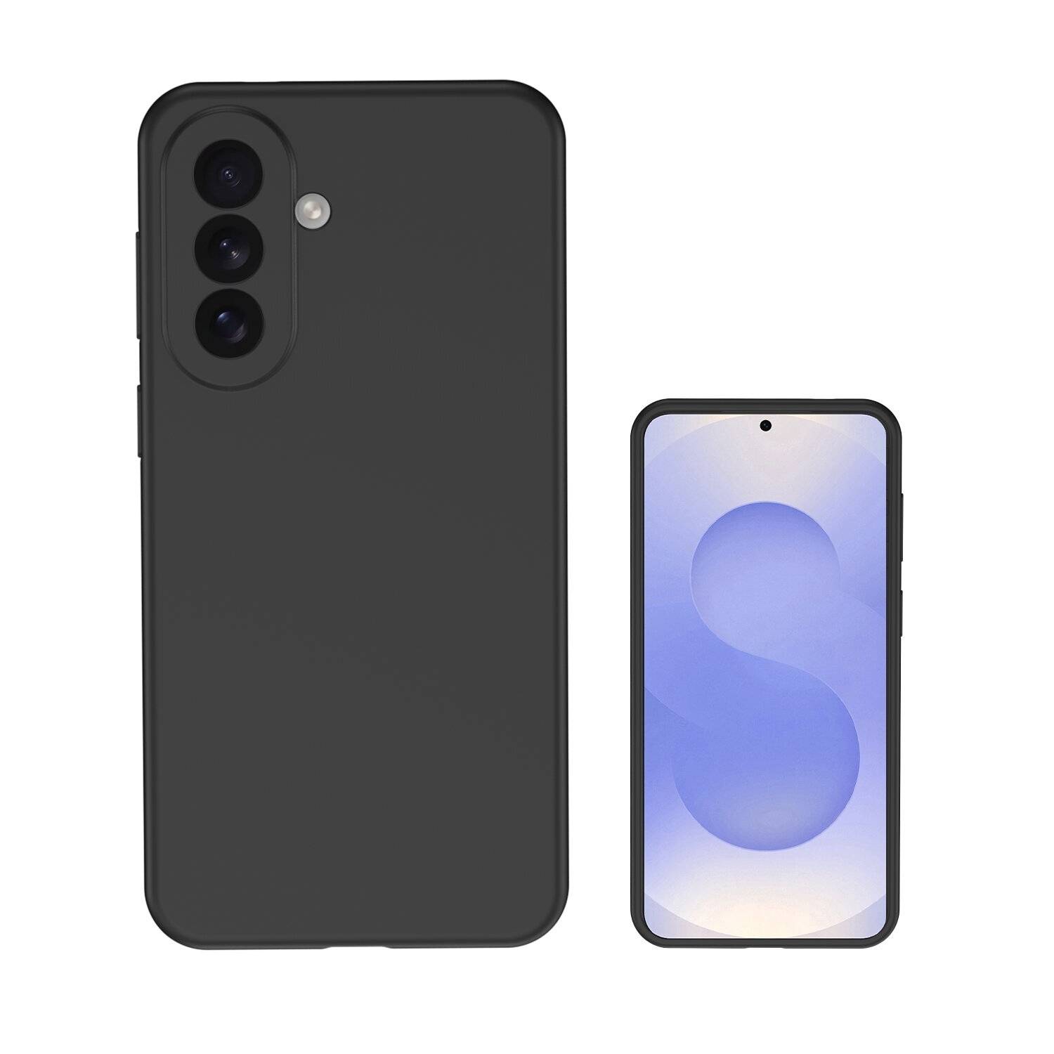 Schwarzes Smartphone von vorne und hinten gezeigt, mit dreifacher Rückkamera und einem blauen abstrakten Hintergrund auf dem Bildschirm.