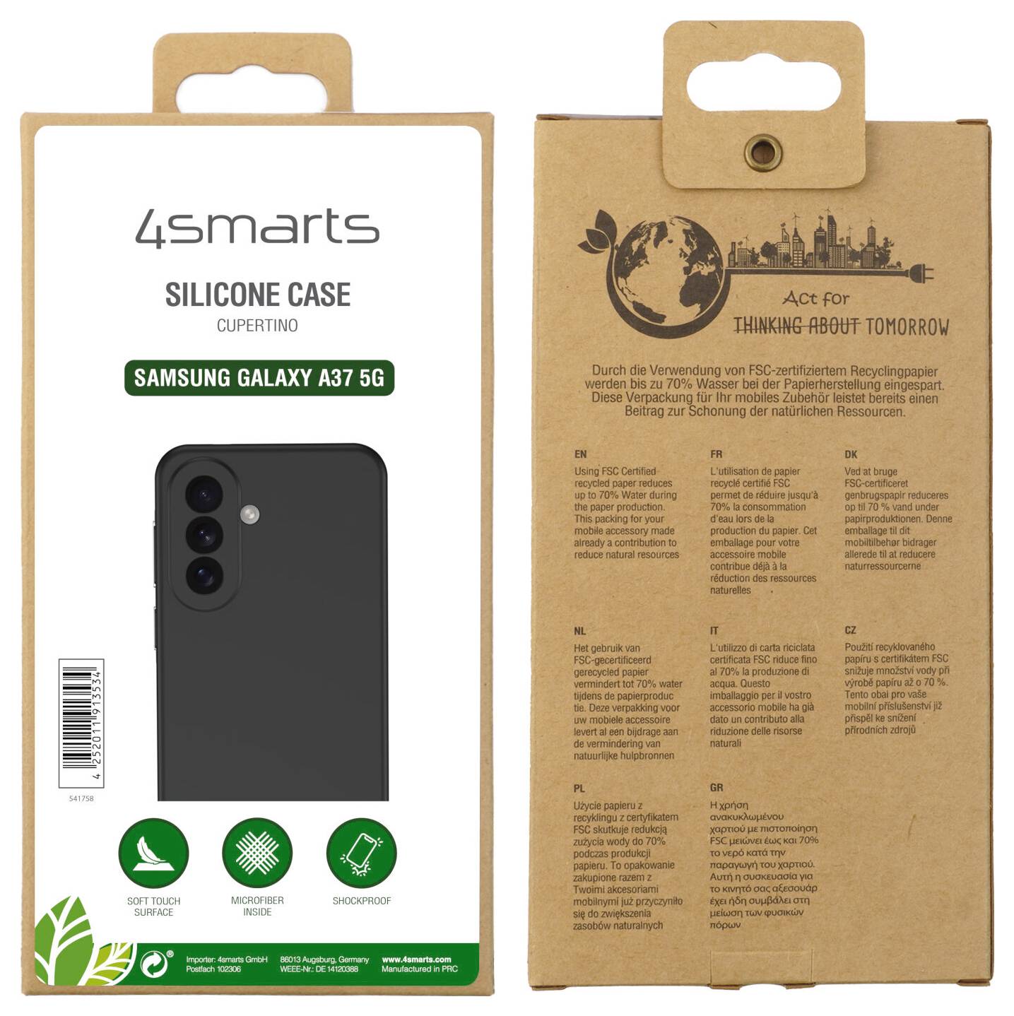 Verpackung für eine 4smarts Silikonhülle für Samsung Galaxy A37 5G, Vorder- und Rückseite gezeigt, mit Produktbild und umweltfreundlichem Recycling-Text.