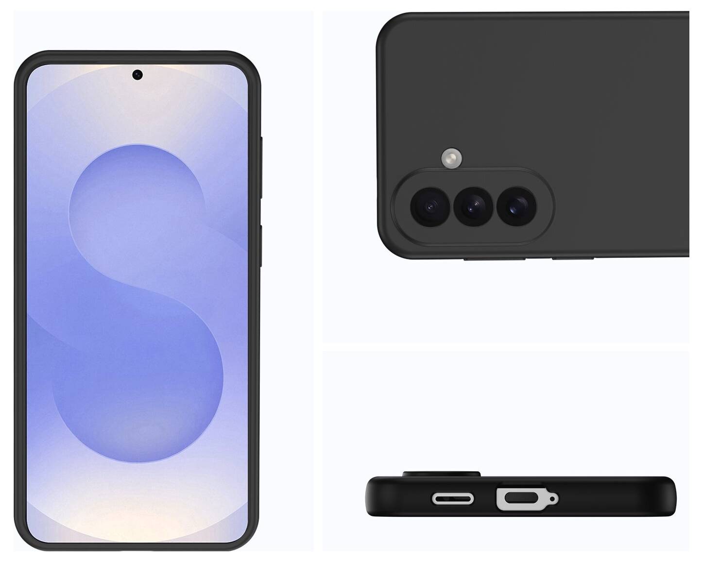 Schwarzes Smartphone in Front-, Rück- und Unteransicht gezeigt; Die Vorderseite hat ein zentriertes Punch-Hole-Display, die Rückseite verfügt über dreifache Rückkameras und Blitz, die Unterseite zeigt einen USB-C-Anschluss.