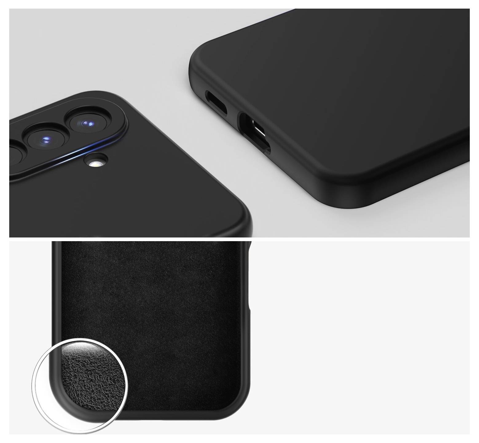 Schwarze Smartphone-Hülle von hinten und unten gezeigt, mit präzisen Ausschnitten für Kamera, Lautsprecher und Ladeanschluss; Ausschnitt hebt strukturiertes Griffmaterial hervor.