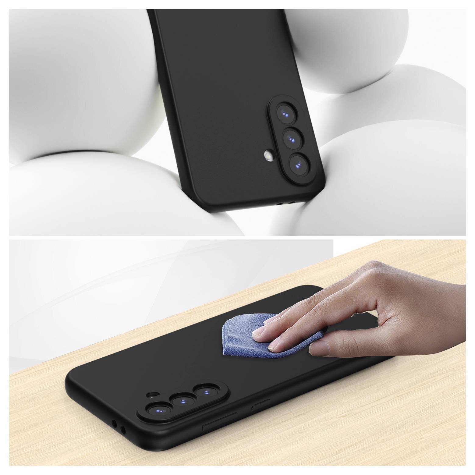 Zwei Bilder zeigen ein schwarzes Smartphone mit dreifacher Rückkamera, das mit einem Tuch auf einem Holztisch gereinigt wird, und eine Nahaufnahme der Rückseite des Telefons.