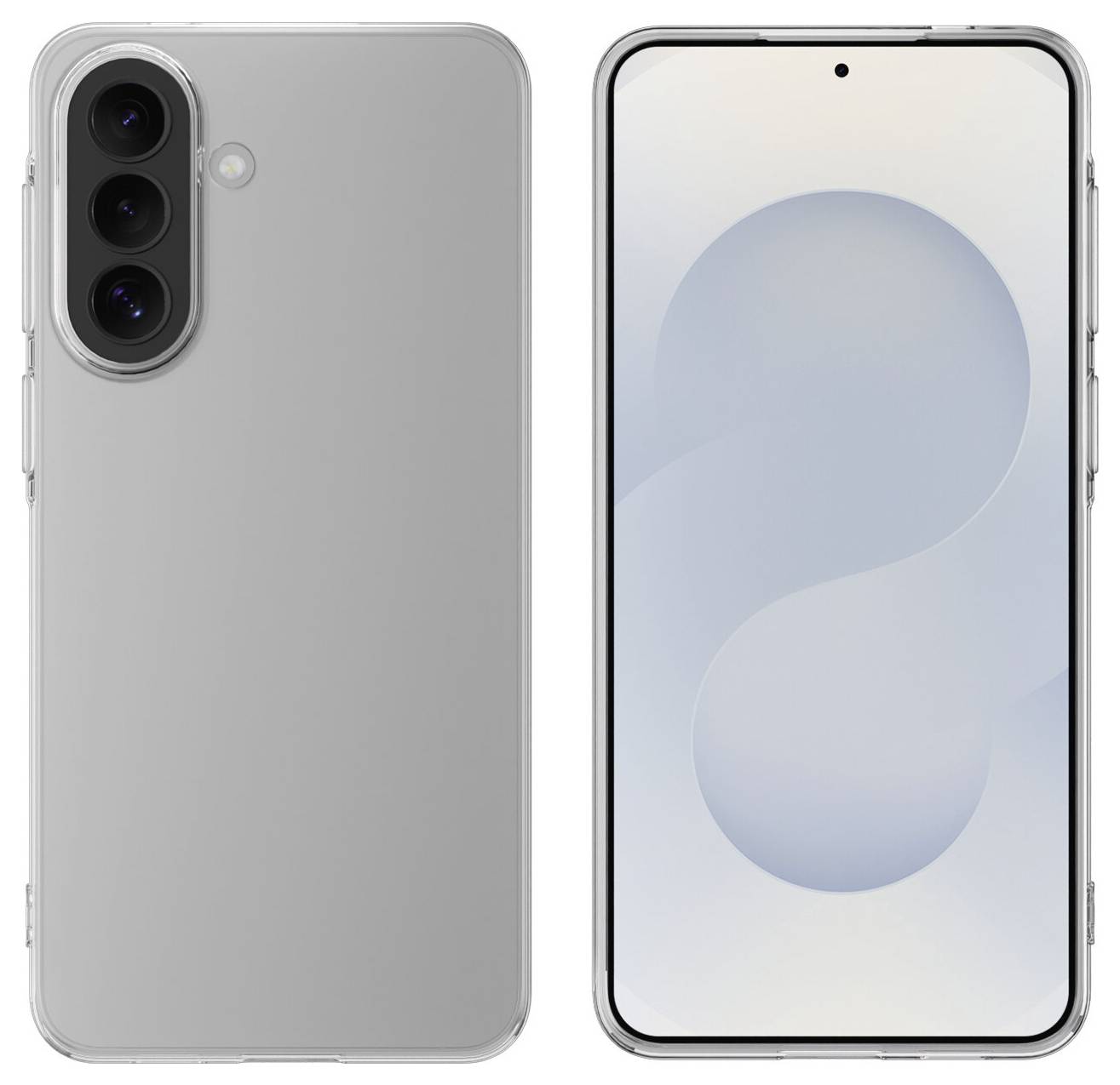 Vorder- und Rückansicht eines grauen Smartphones mit dreifacher Rückkamera und zentralem Lochkamera-Display.