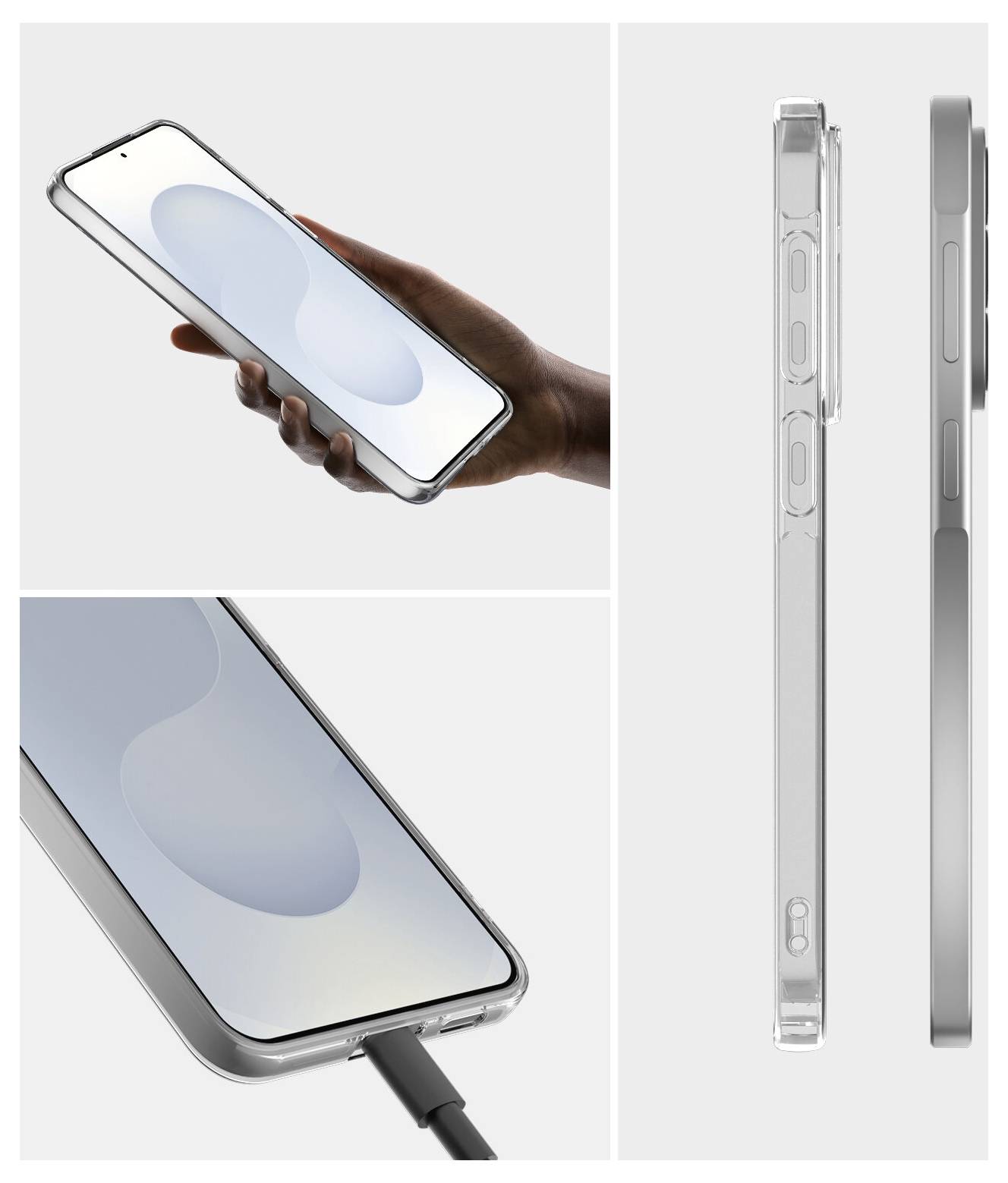 Transparente Smartphone-Hülle gezeigt in Hand-, Lade- und Seitenansichten, die das schlanke Profil, erhöhte Kanten und Tastenausschnitte hervorhebt