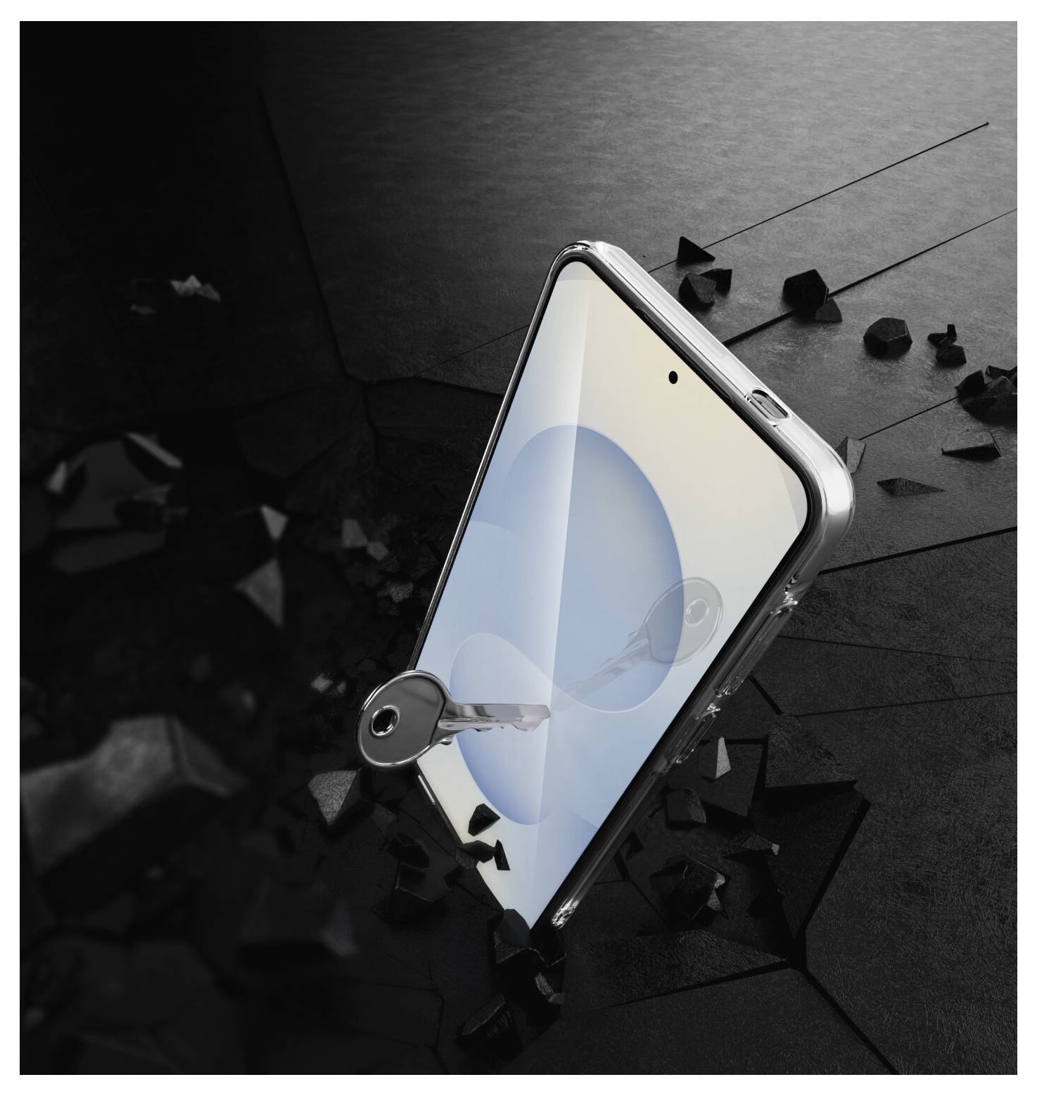 Schwarze Smartphone-Hülle von hinten gezeigt, mit erhöhtem Dreifach-Kamera-Ausschnitt und Ladeanschluss-Öffnung an der unteren Kante.