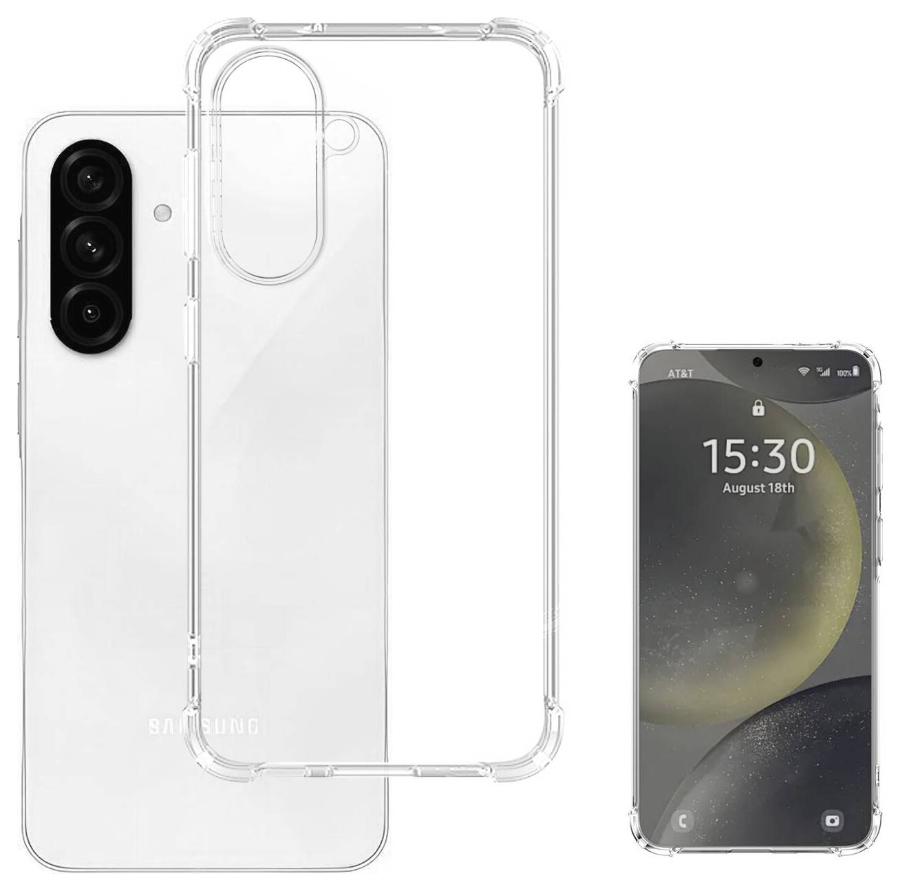 Durchsichtige Smartphone-Hülle, die über einem Telefon gezeigt wird und eine transparente Schutzabdeckung mit erhöhtem Kamera-Ausschnitt und vollständiger Rückseiten-Abdeckung hervorhebt.