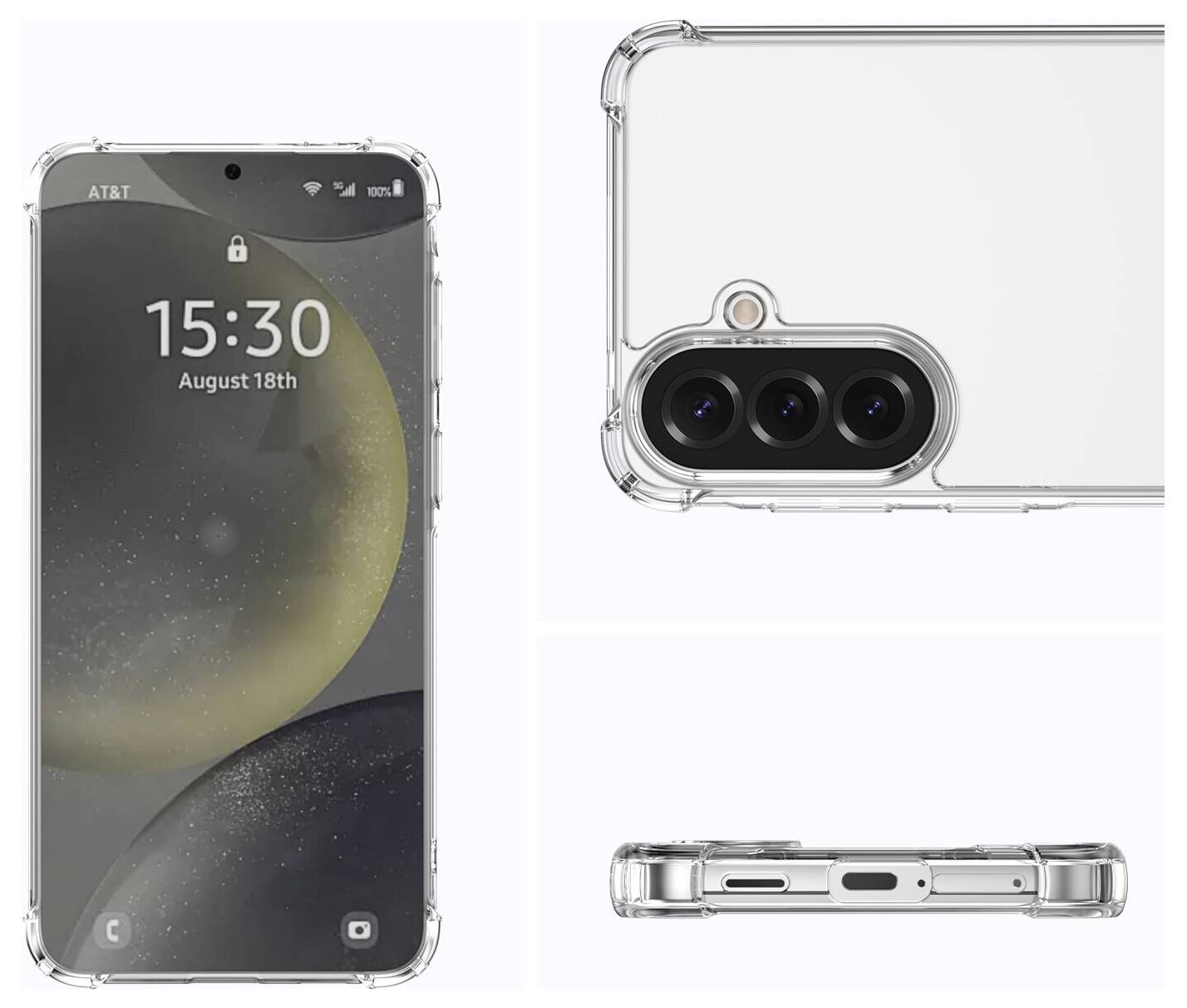 Klare Schutzhülle für Smartphones in Vorder-, Rück- und Seitenansicht, die die Kameraaussparung und Öffnungen für Anschlüsse hervorhebt.