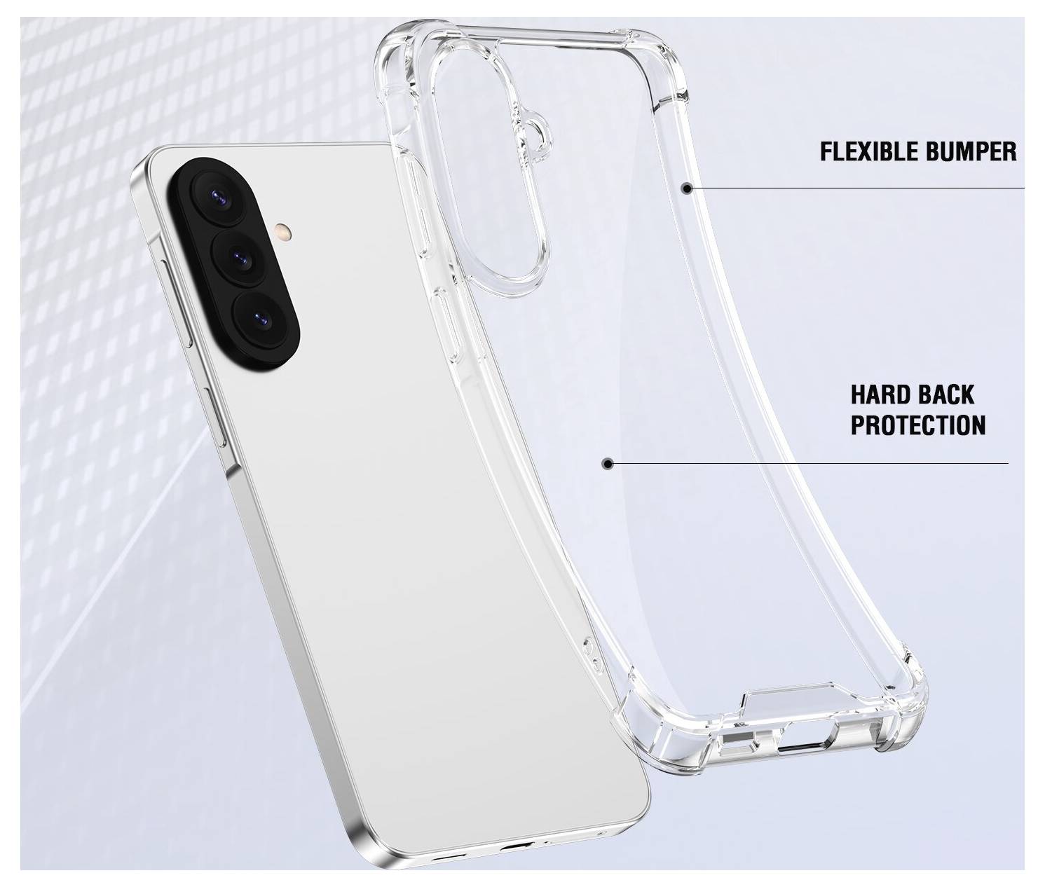 Transparente Handyhülle mit flexiblem Stoßfänger und hartem Rückenschutz für ein Smartphone mit dreifacher Rückfahrtkamera.
