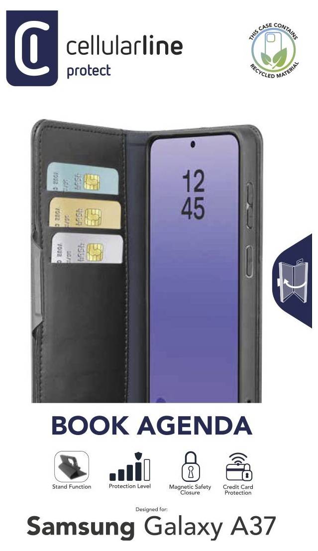 Werbebild für Cellularline Protect 'Book Agenda' Handyhülle für Samsung Galaxy A37, das eine schwarze Geldbörsen-Stil-Hülle mit Kartensteckplätzen und Standfunktions-Symbolen zeigt.