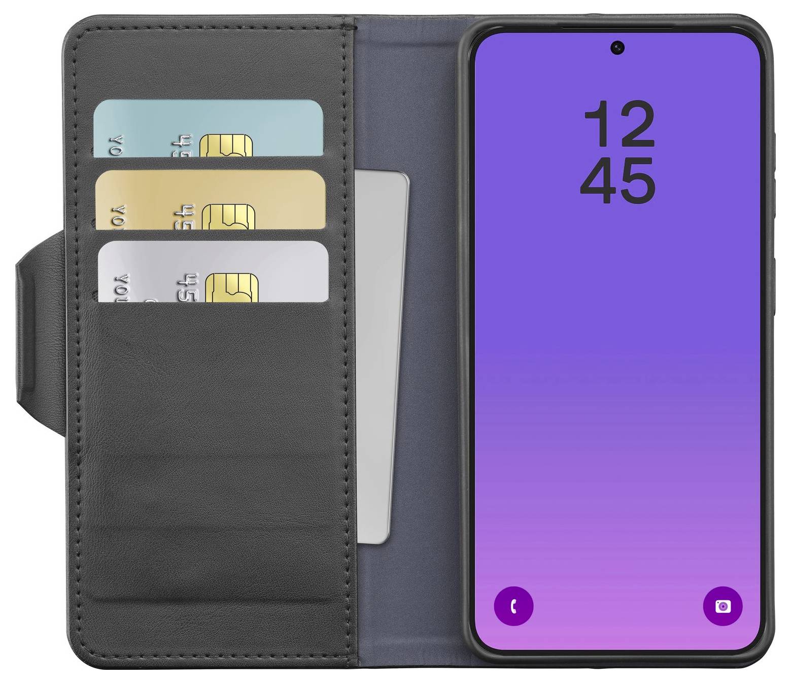 Schwarze Folio-Handyhülle mit Vorderdeckel-Geldbörse mit Kartenfächern, geöffnet mit einem Smartphone, das 12:45 auf einem lila Bildschirm anzeigt.