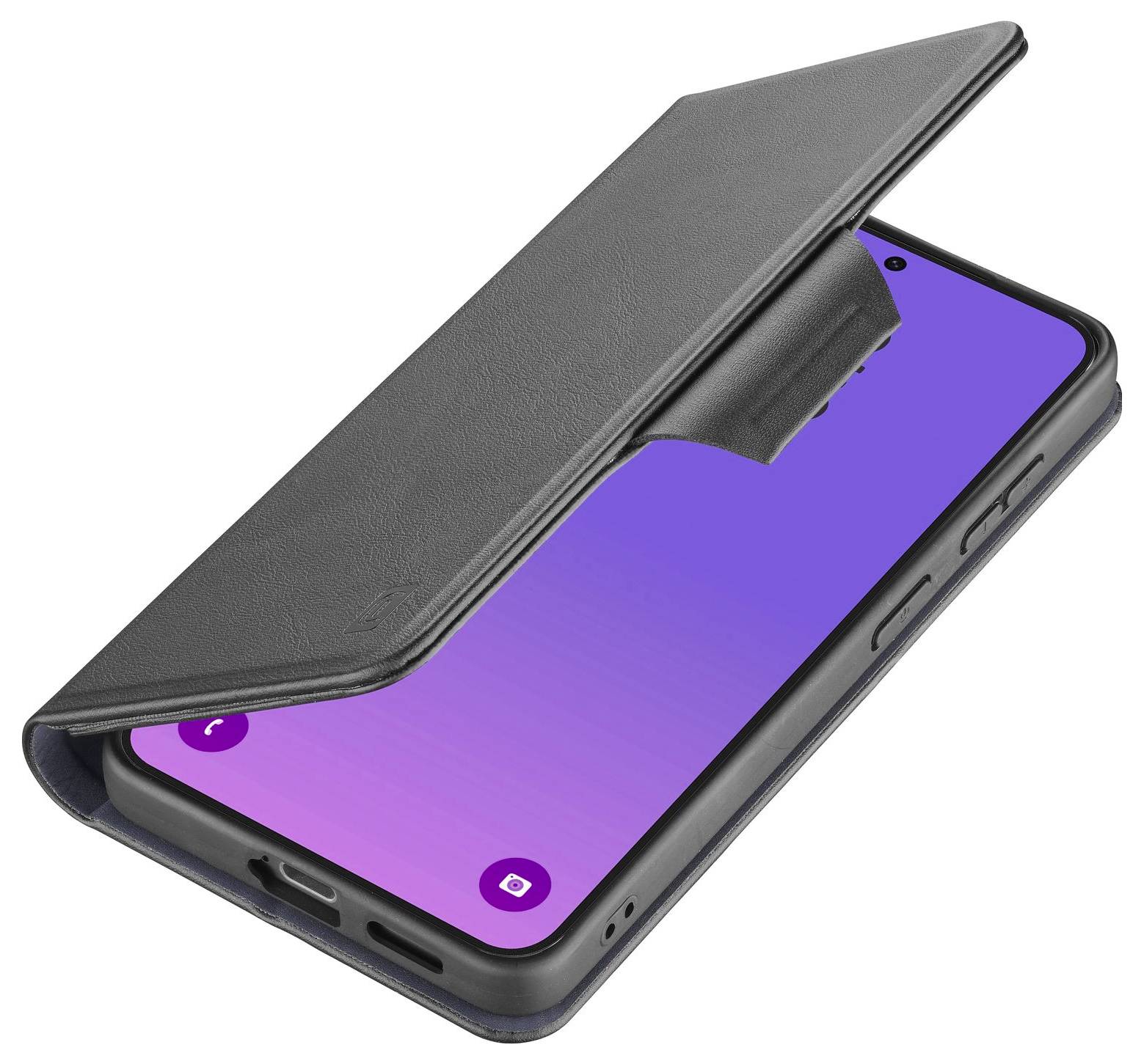 Schwarze Umschlaghülle für Mobiltelefon, offen über dem Smartphone-Bildschirm, zeigt Kameraausschnitt und Seitentasten.