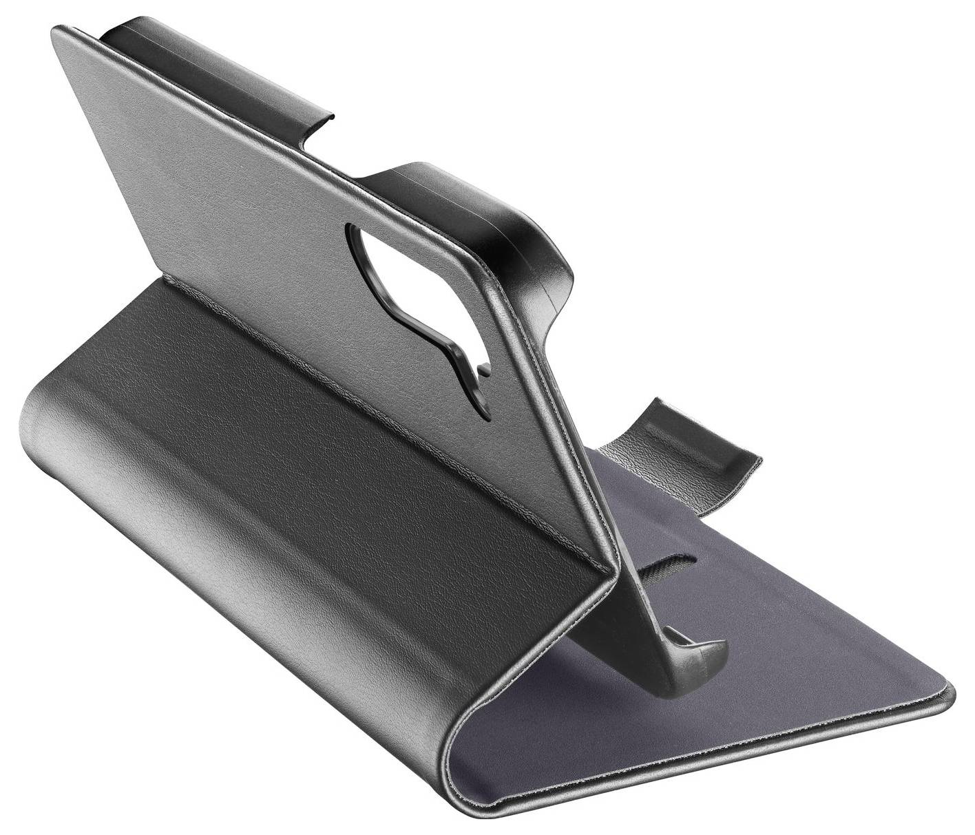 Schwarze Folio-Handyhülle mit ausklappbarem Ständer, geöffnet zur Unterstützung eines Smartphones.