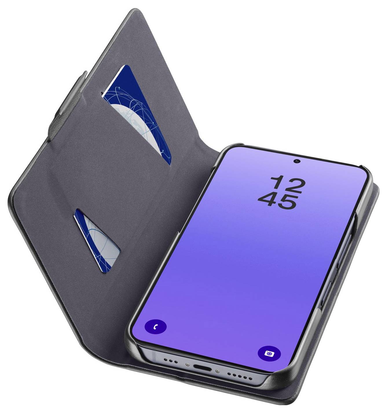 Smartphone in einer Folio-Hülle, das Sperrbildschirm um 12:45 Uhr anzeigt, mit Kartenfächern im Inneren der Abdeckung.