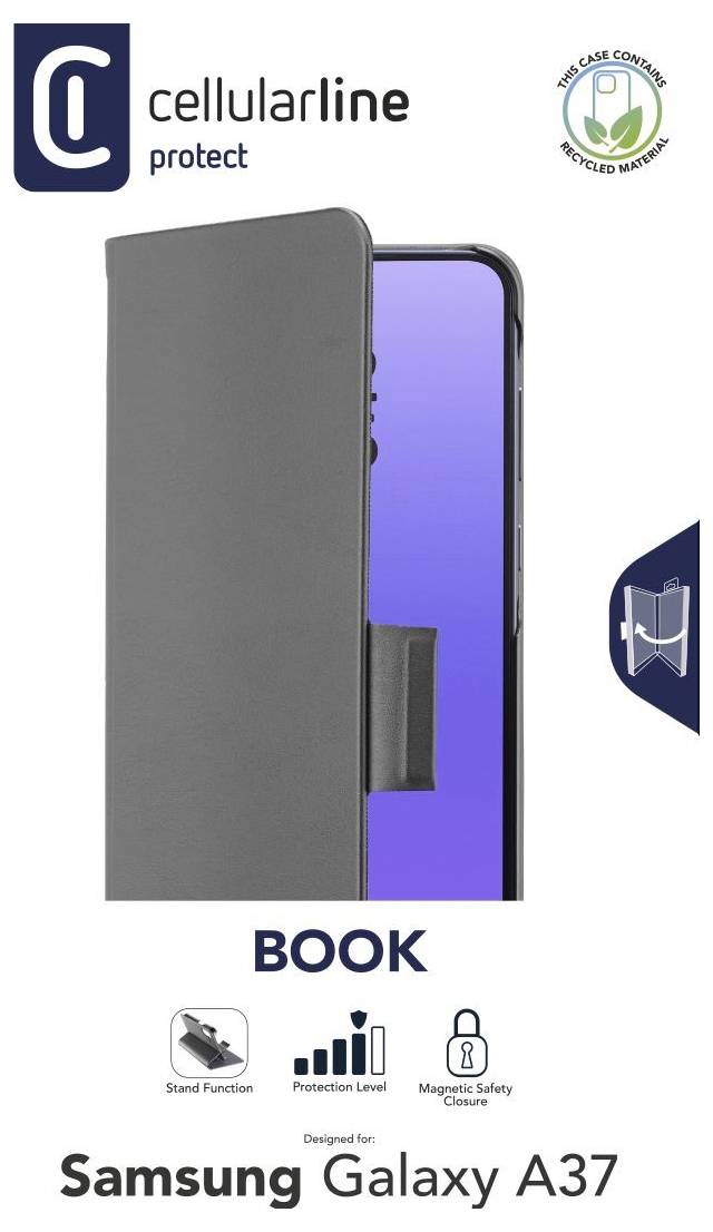 Cellularline Protect Buch-stil Schutzhülle für Samsung Galaxy A37, mit Standfunktion, Schutzgrad und magnetischer Sicherheitsverriegelung dargestellt.