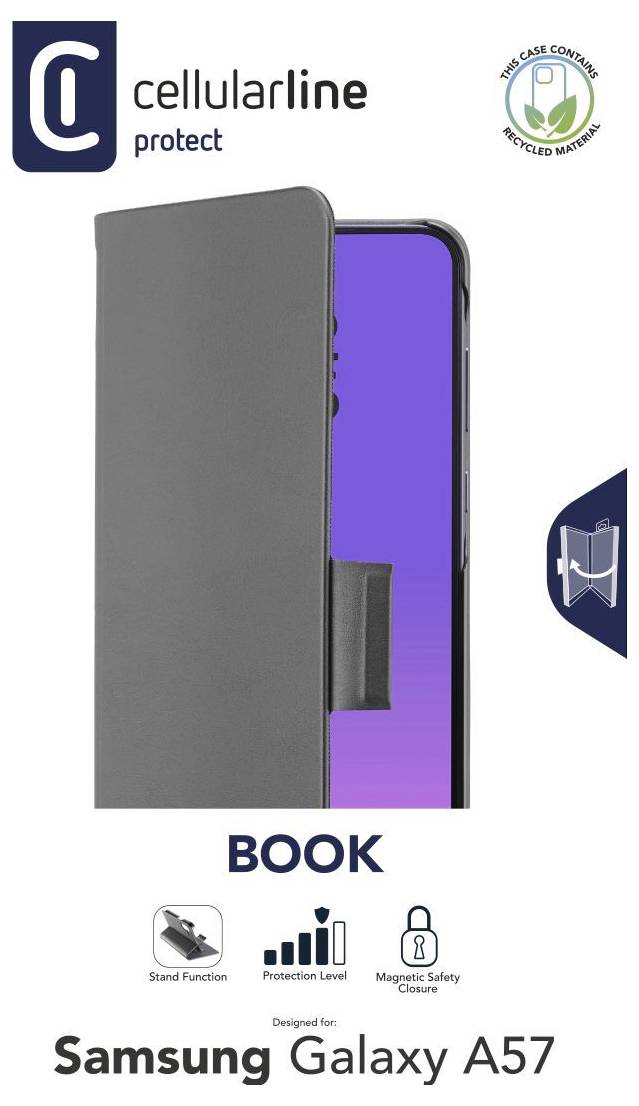 Werbebild für Cellularline Protect Buch-Schutzhülle für Samsung Galaxy A57, aufgeklappt auf einem Telefon gezeigt, mit Ständer-, Schutz- und Magnetverschluss-Symbolen.