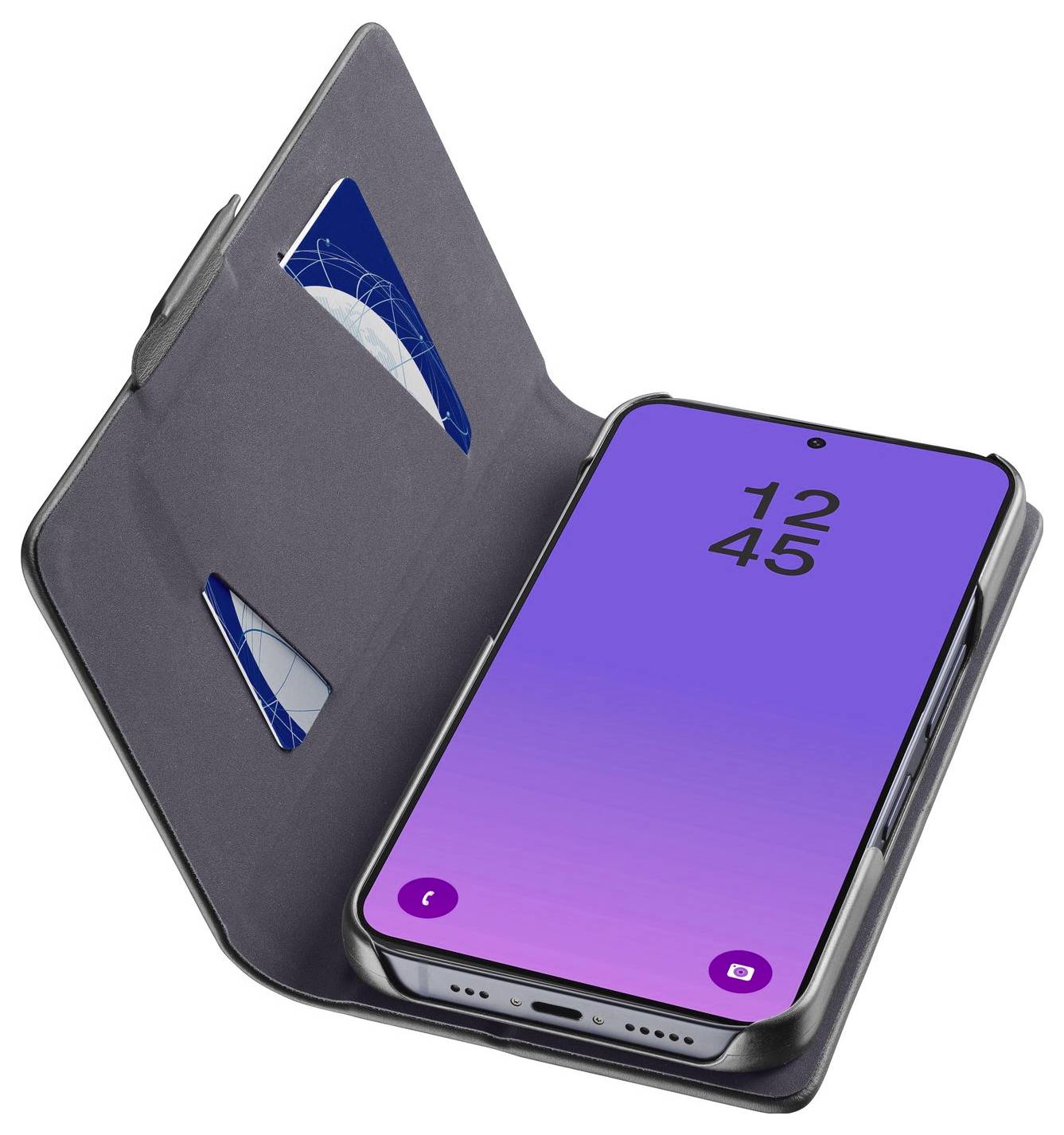 Offene schwarze Foliohandyhülle mit einem Smartphone mit violettem Farbverlauf-Sperrbildschirm und Uhrzeit 12:45, mit Kartensteckplätzen im Inneren der Abdeckung.
