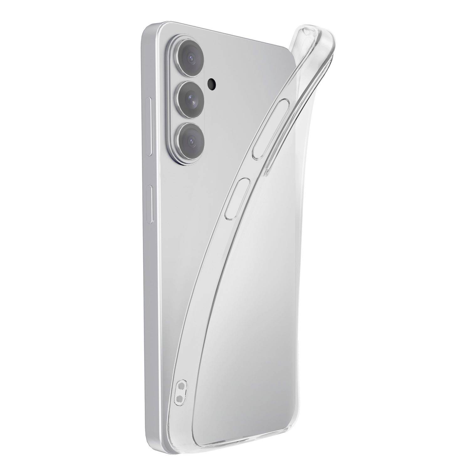 Silbernes Smartphone, von hinten gezeigt, mit einer transparenten Schutzhülle, die die dreifache Kamera und die Seitentasten hervorhebt.