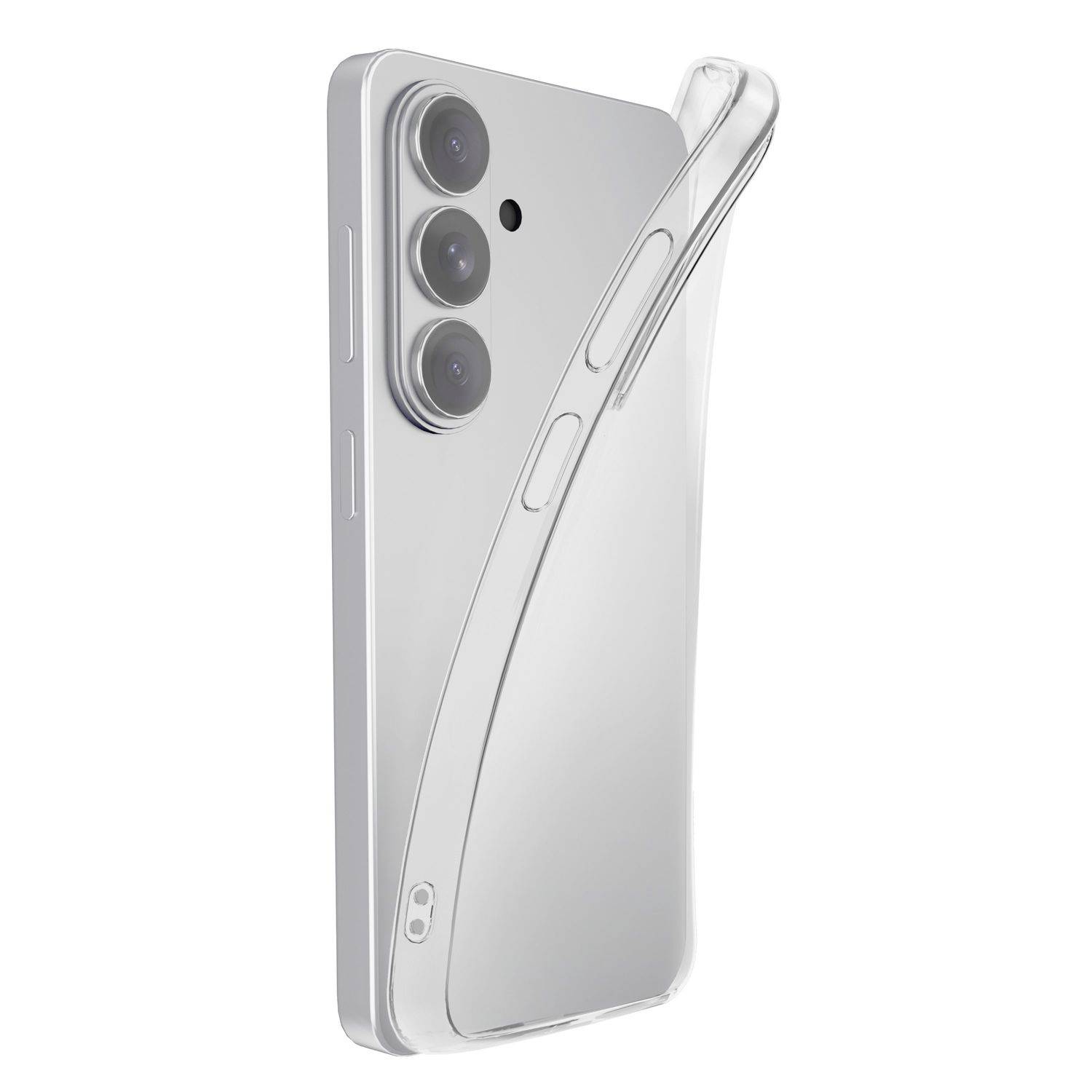 Transparente klare Handyhülle auf einem silbernen Smartphone, zeigt die rückseitige dreifache Kameraaussparung und die Seitentasten.