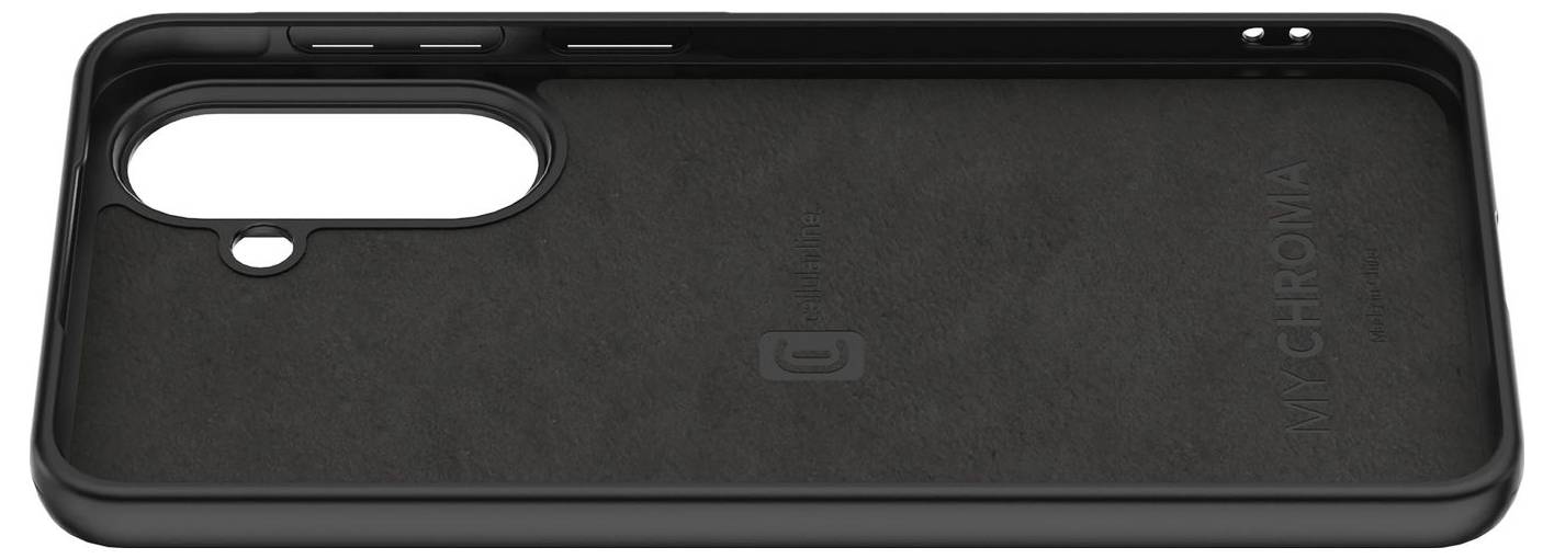 Schwarze Handyhülle mit großem horizontalem Dual-Kamera-Ausschnitt oben links und dezenter „MCHROMA