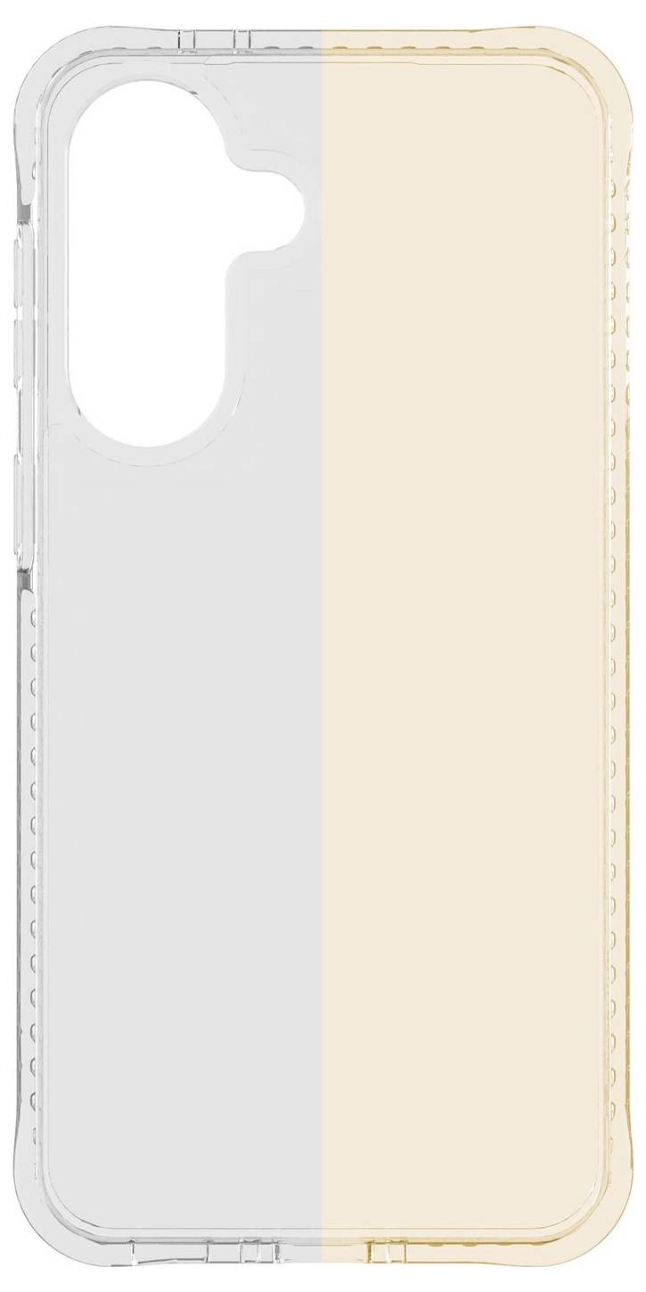 Transparenter Smartphone-Case in Vorderansicht, aufgeteilt in eine transparente graue linke Seite und eine hellbeige rechte Seite mit Kameraausschnitt.
