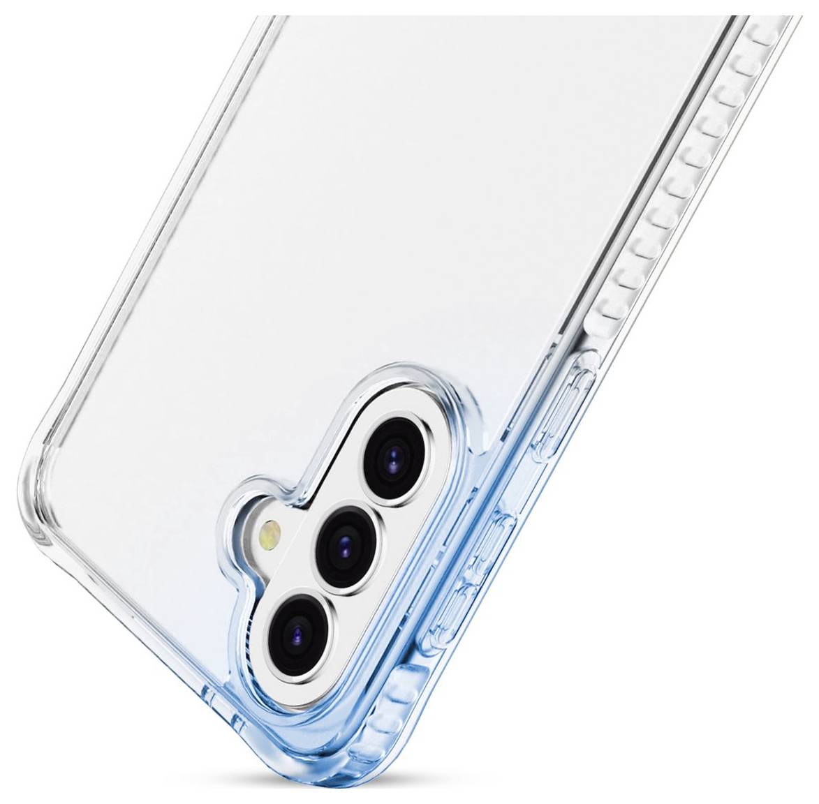 Transparente Handyhülle mit blaugetönten Kanten, die ein Smartphone mit Triple-Kamera schützt