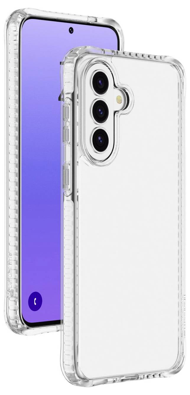 Zwei Smartphones, vorne und hinten abgebildet, in klaren Schutzhüllen, wobei eines einen leeren blauvioletten Bildschirm anzeigt und das andere dreifache rückseitige Kameras aufweist.