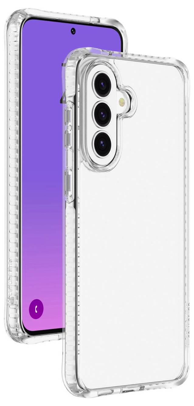 Zwei transparente Smartphone-Hüllen, eine von vorne und eine von hinten gezeigt, mit transparentem Stoßschutz und Ausschnitten für die Kamera und das Display.