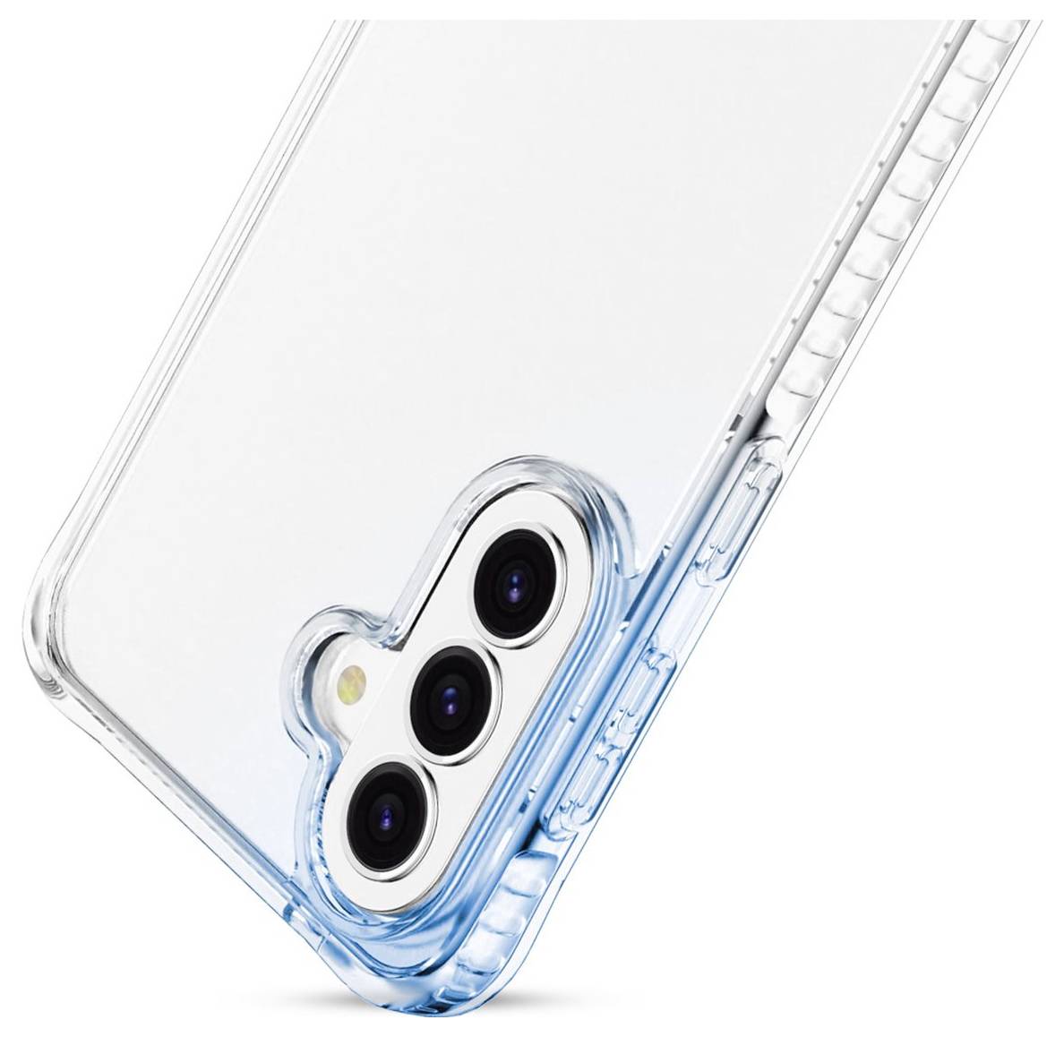 Transparente Smartphone-Schutzhülle mit dreifacher Kameraaussparung und blauem Schutzrand auf weißem Hintergrund.