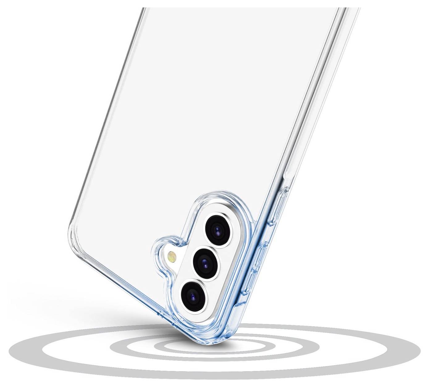 Transparente Handyhülle mit Ausschnitt für die dreifache Rückseiten-Kamera eines Smartphones, angewinkelt über konzentrischen Zielringen auf weißem Hintergrund.
