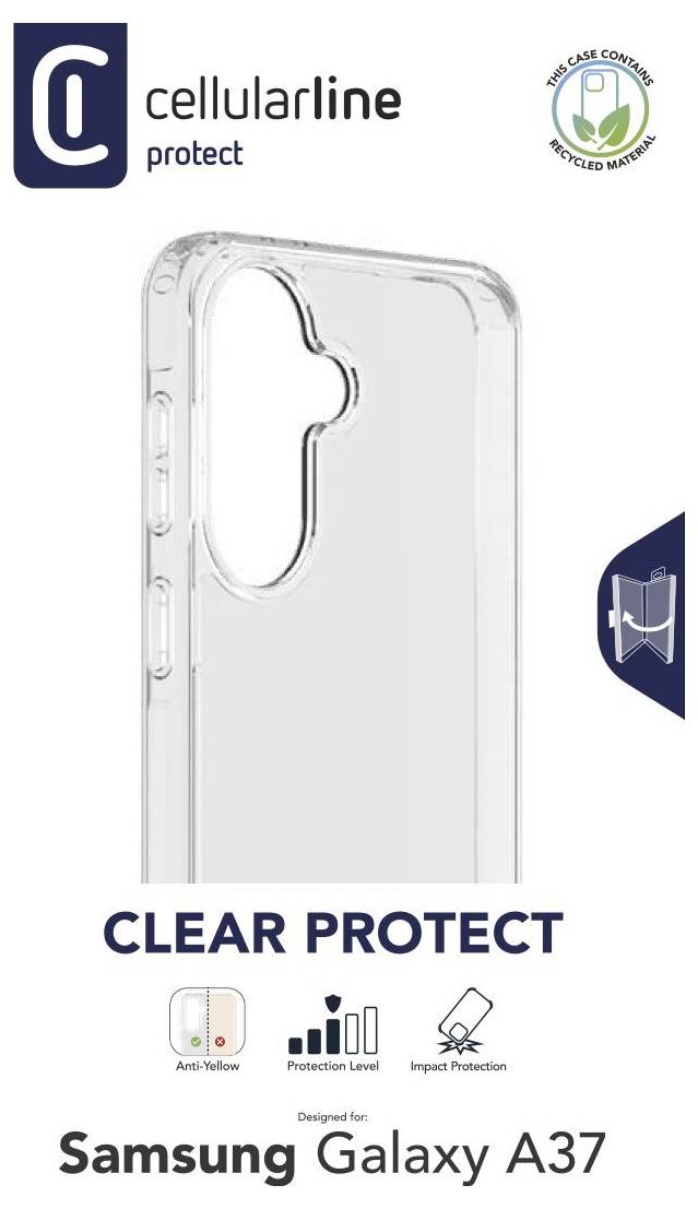 Durchsichtige, klare Handyhülle Verpackung mit der Bezeichnung 'Clear Protect' für Samsung Galaxy A37, mit Anti-Vergilbungs- und Stoßschutz-Symbolen.