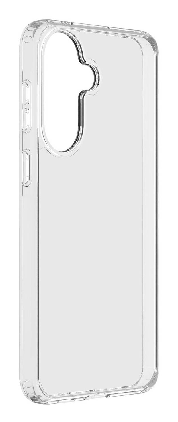 Klare transparente Smartphone-Hülle mit großem Kameraloch auf der Rückseite, auf weißem Hintergrund dargestellt.