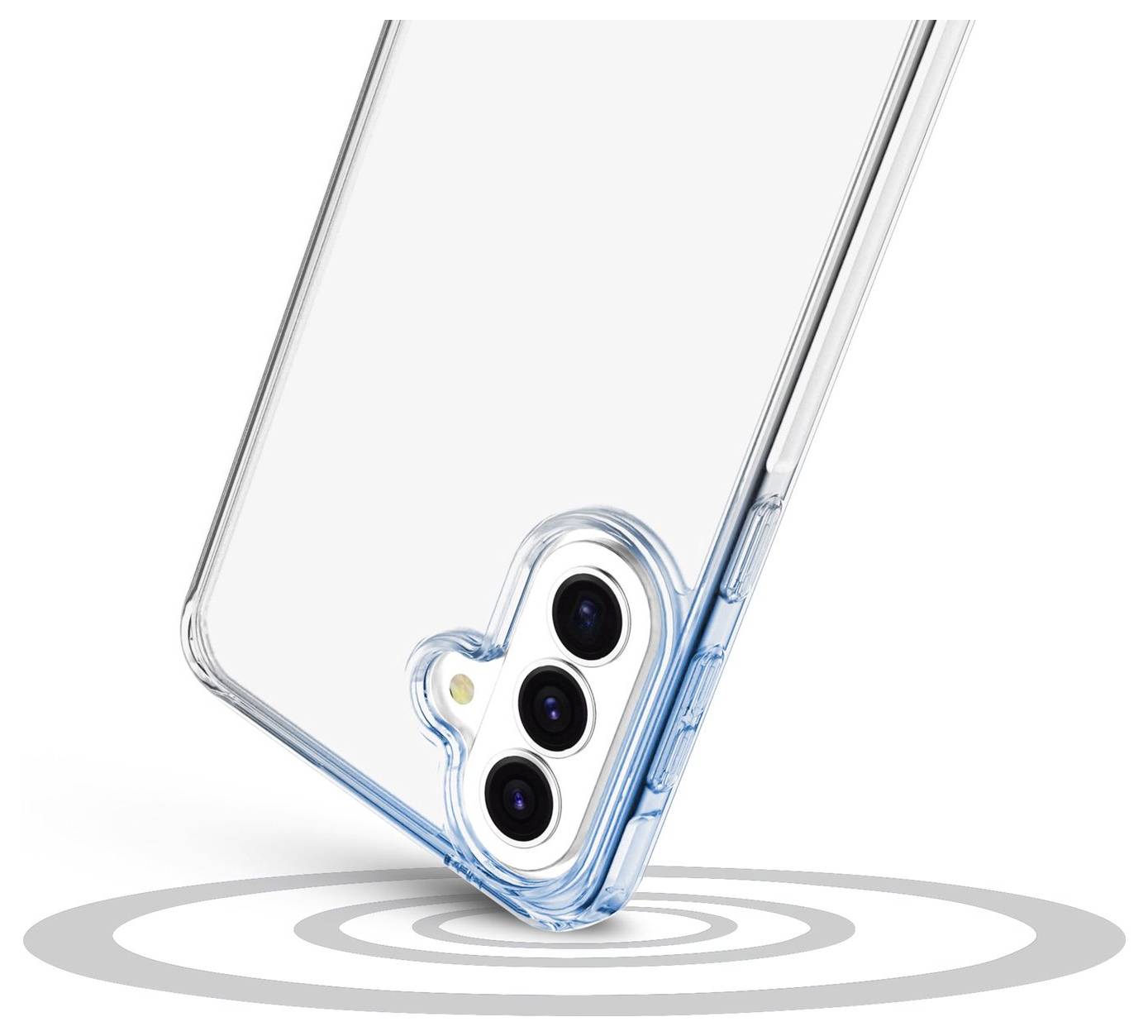 Durchsichtige Smartphone-Hülle mit dreifachem Kameraausschnitt auf der Rückseite, eckig dargestellt mit blauen Stoßfängerkanten auf weißem Hintergrund.
