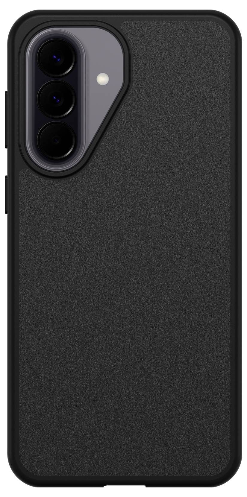 Schwarze Smartphone-Hülle mit dreifachem Kameraausschnitt und Blitzöffnung auf der Rückseite.